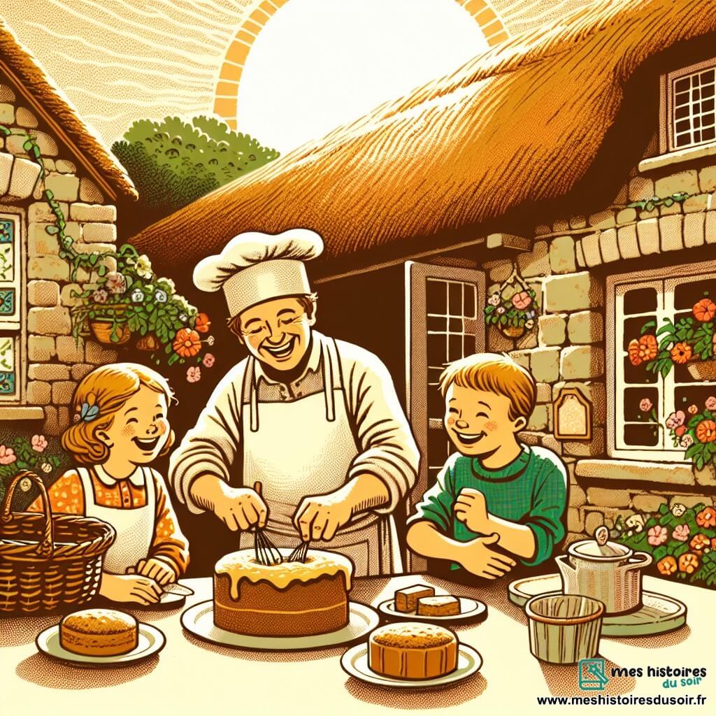 Une illustration destinée aux enfants représentant un boulanger joyeux préparant des gâteaux avec un garçon et une fille curieux, dans une boulangerie pittoresque aux murs de pierre, aux fenêtres fleuries et au toit de chaume, baignée par la lumière chaleureuse du soleil.