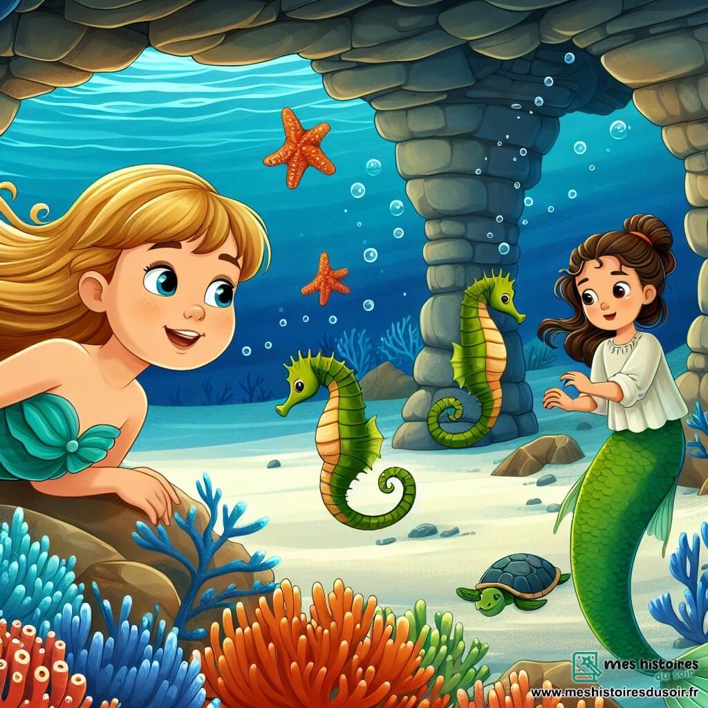 Une illustration destinée aux enfants représentant une jeune sirène aux cheveux dorés nageant avec une fillette curieuse aux cheveux bruns dans une grotte cachée derrière un récif de corail dans les profondeurs de l'océan, où les hippocampes dansent gracieusement et les tortues majestueuses croisent leur chemin.