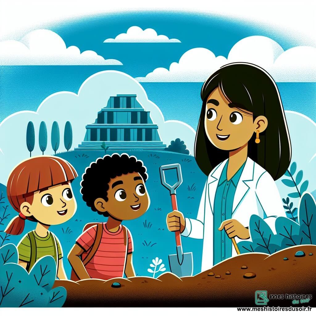 Une illustration destinée aux enfants représentant un archéologue passionné creusant dans un jardin, accompagné de deux enfants curieux, surplombé par une colline mystérieuse avec des ruines antiques et un ciel bleu parsemé de nuages blancs cotonneux.