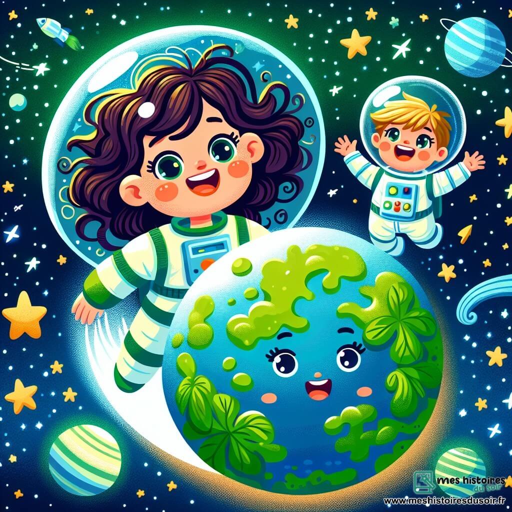Une illustration sous forme de dessin destinée aux enfants représentant une vaste planète verte flottant dans l'espace étoilé, avec une astronaute femme aux cheveux bruns et bouclés, portant une combinaison spatiale colorée, qui sourit en flottant et observe la planète avec émerveillement, tandis qu'à ses côtés, un jeune garçon aux yeux pétillants et aux cheveux blonds, vêtu d'une combinaison d'astronaute miniature, lève les bras en signe d'excitation, tous deux rêvant d'explorer les étoiles et de découvrir les merveilles de l'univers.