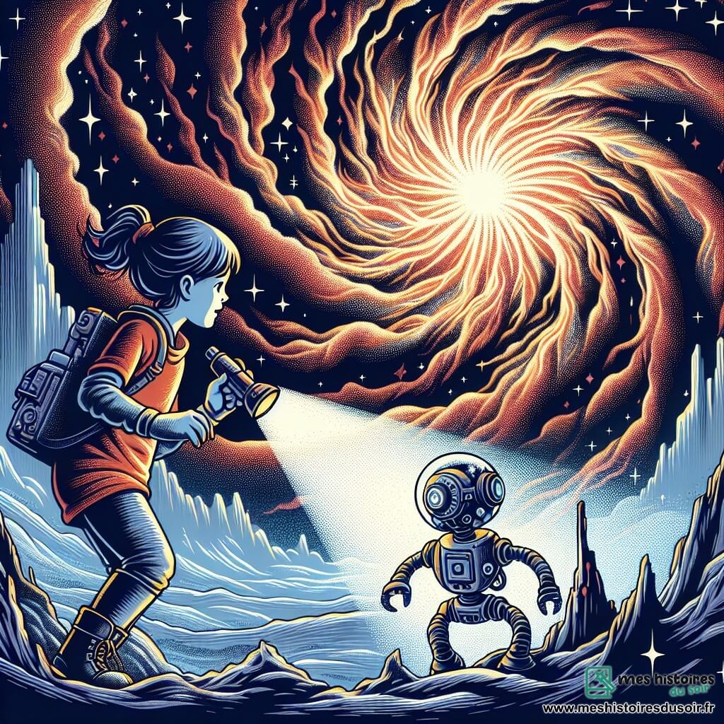 Une illustration destinée aux enfants représentant une jeune femme intrépide explorant un champ d'énergie mystérieux avec l'aide bienveillante d'un robot compagnon, dans un décor futuriste où des nébuleuses tournoient autour d'une étoile mourante, créant un spectacle magnifique et troublant.