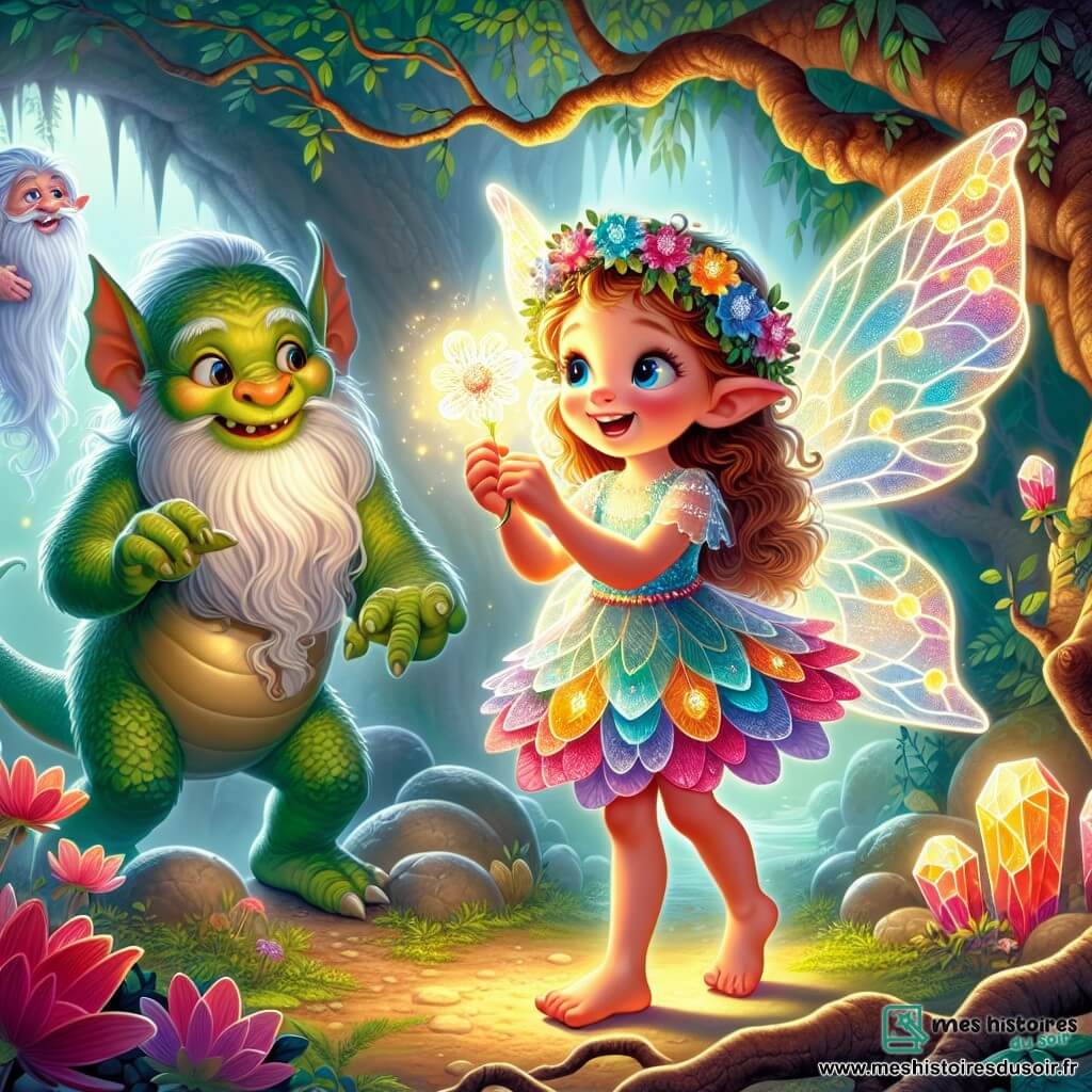 Une illustration sous forme de dessin destinée aux enfants représentant une clairière enchantée baignée de lumière douce, où une petite fée aux ailes translucides et scintillantes, vêtue d'une robe faite de pétales colorés, vole joyeusement en tenant une fleur lumineuse dans ses mains, tandis qu'un dragon vert aux écailles brillantes, curieux et amical, l'observe avec des yeux pétillants, et un vieux troll à la barbe fourchue, au regard malicieux, se tient à l'entrée de la grotte des ombres, prêt à poser une devinette pour tester leur courage dans leur quête pour récupérer les cristaux magiques et sauver le royaume des fées.