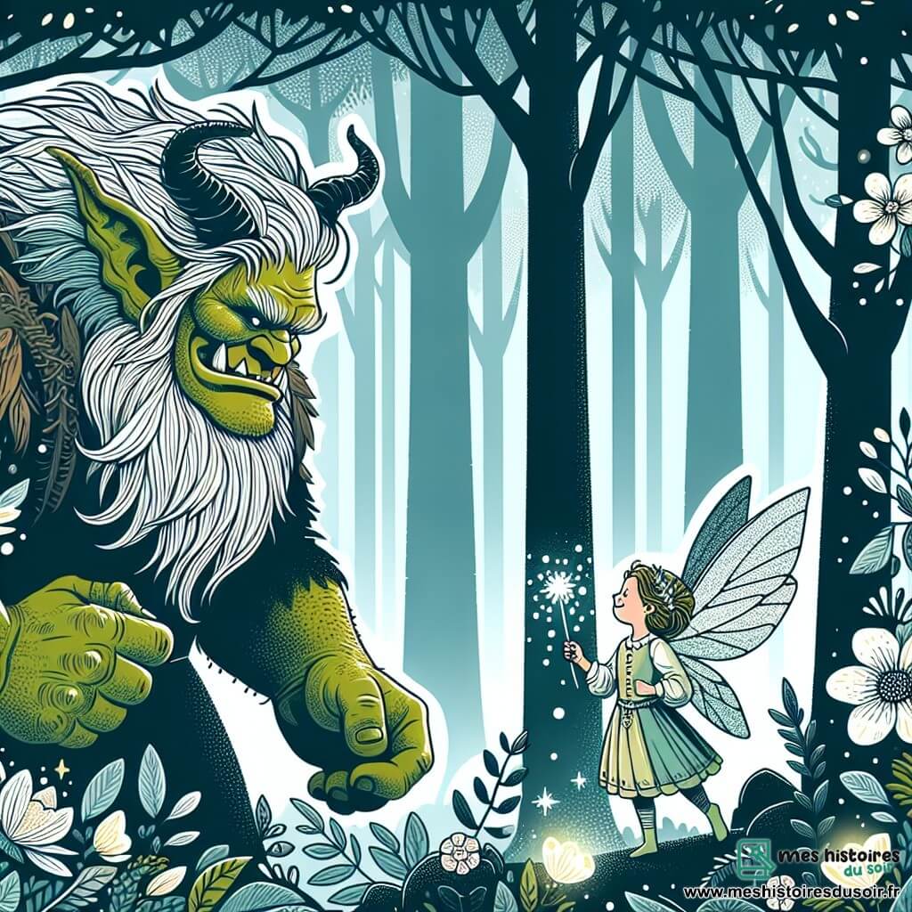 Une illustration destinée aux enfants représentant un ogre effrayant rencontrant une petite fée courageuse, entourés de la forêt enchantée aux arbres majestueux et aux fleurs lumineuses.