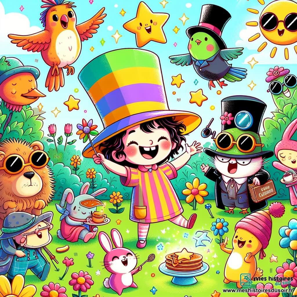 Une illustration sous forme de dessin destinée aux enfants représentant un jardin coloré et ensoleillé, où une petite fille de 7 ans aux cheveux en bataille et au sourire éclatant, portant un chapeau haut de forme rayé de couleurs vives, rit aux éclats en découvrant des biscuits magiques en forme d'étoiles, entourée de personnages loufoques comme un perroquet savant aux lunettes de soleil qui fait des pirouettes, un lapin en cape qui danse tout en cuisinant des crêpes, et une tortue avec un casque d'écoute qui fait des grimaces, le tout dans une ambiance joyeuse et absurde où les fleurs chantent et les arbres rient.