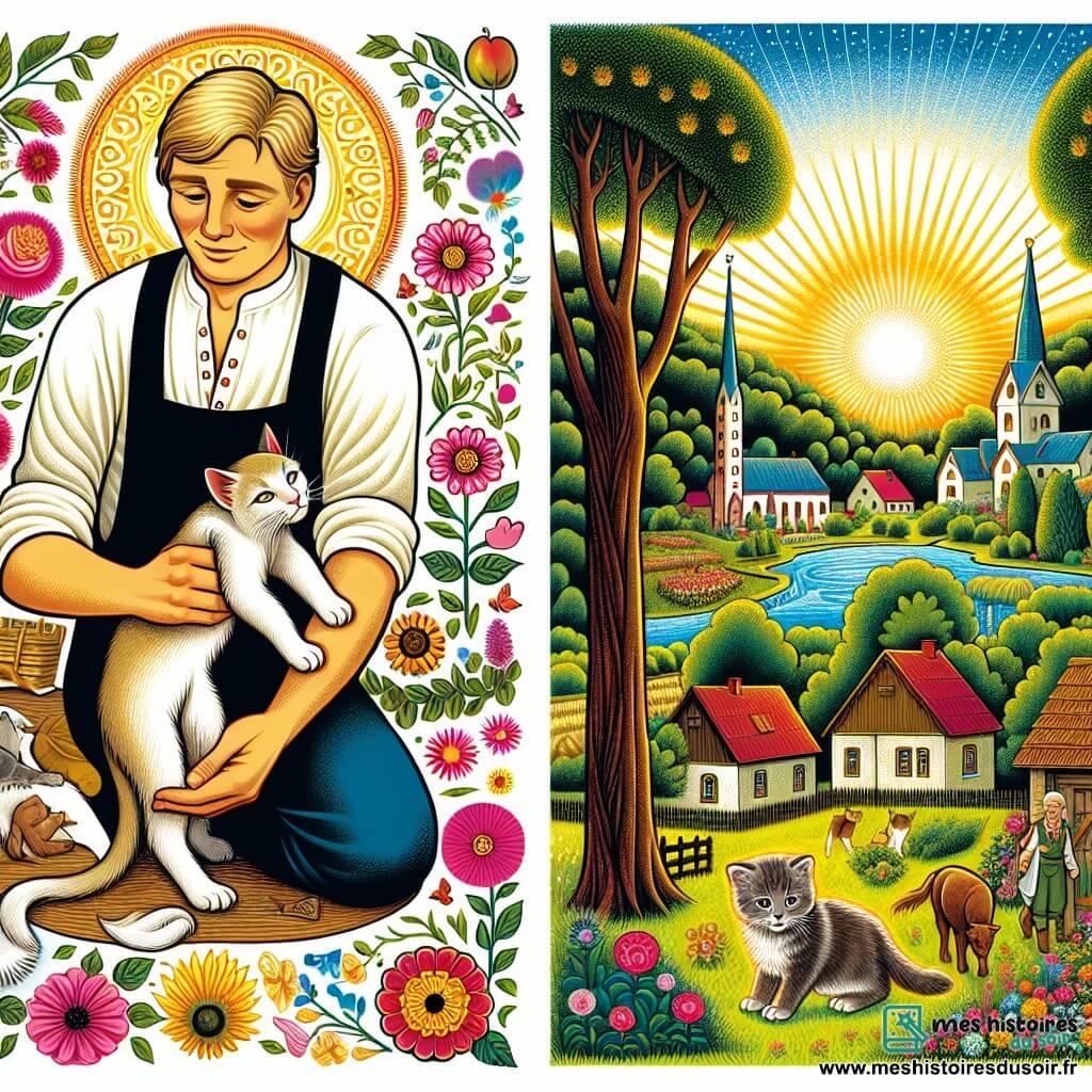 Une illustration destinée aux enfants représentant un homme au grand cœur, un chaton blessé, un jardin ensoleillé rempli de fleurs colorées et d'arbres majestueux, et une petite ville paisible au cœur de la campagne.