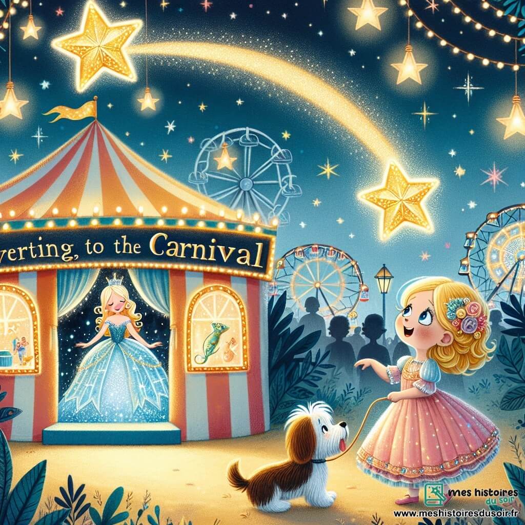 Une illustration destinée aux enfants représentant une fillette émerveillée par le carnaval, suivant une étoile filante avec son fidèle chien, jusqu'à un mystérieux chapiteau aux lumières scintillantes, où elle découvre un costume de sirène magique.