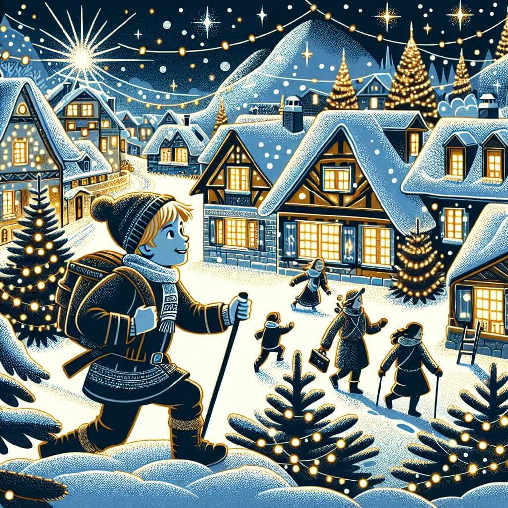 Une illustration destinée aux enfants représentant un jeune garçon, entouré de sa famille, vivant des aventures enchantées dans un village enneigé, illuminé par les lumières scintillantes des maisons et des sapins de Noël.