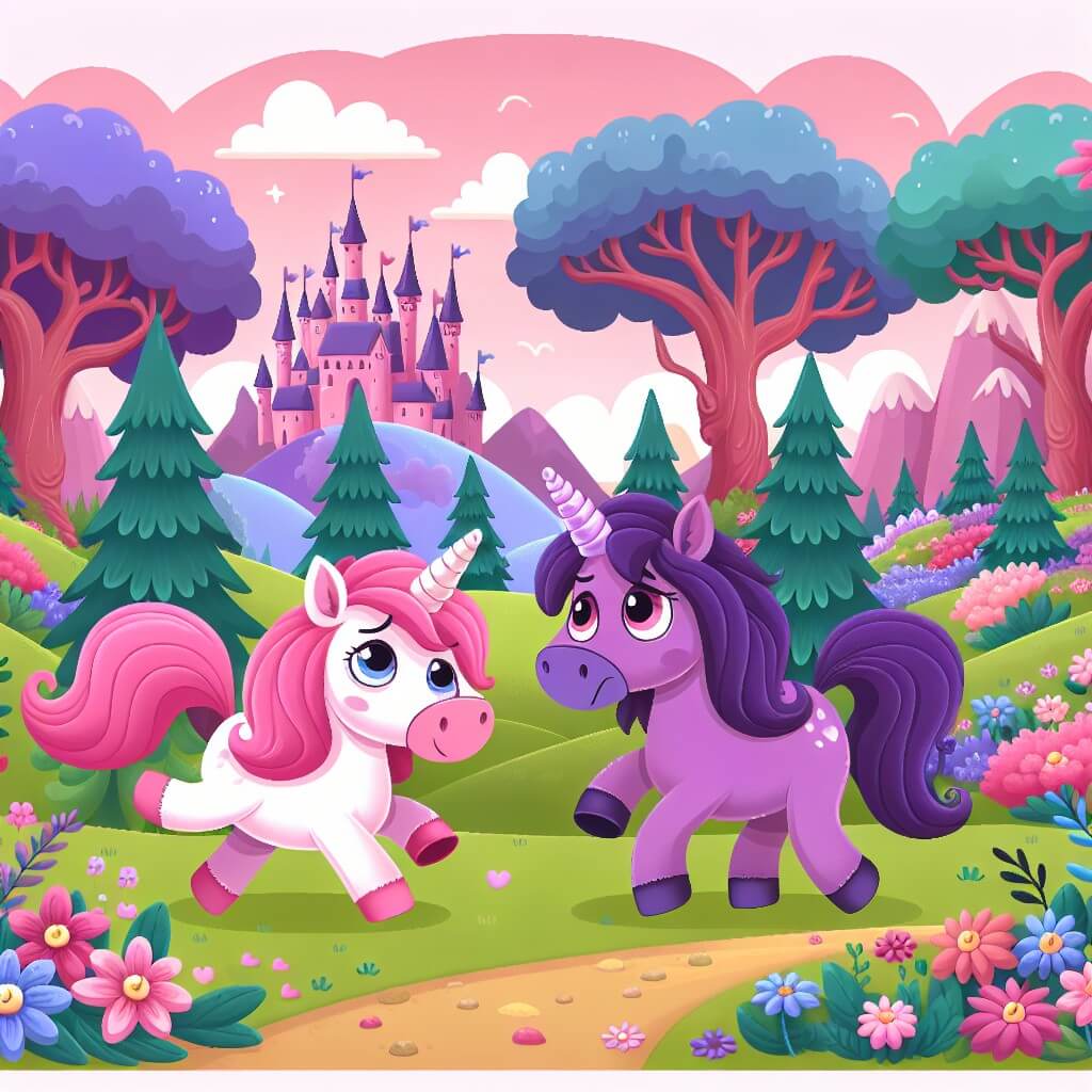 Une illustration destinée aux enfants représentant une licorne rose, maladroite et joyeuse, se retrouvant nez à nez avec une licorne violette aux yeux tristes, dans une vallée enchantée remplie de fleurs multicolores et d'arbres majestueux.