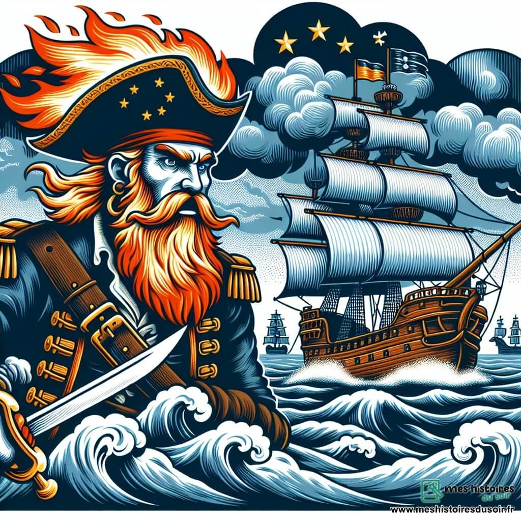 Une illustration destinée aux enfants représentant un courageux pirate à la barbe flamboyante se battant contre un ennemi redoutable sur un navire majestueux voguant à travers des vagues agitées et des nuages menaçants.