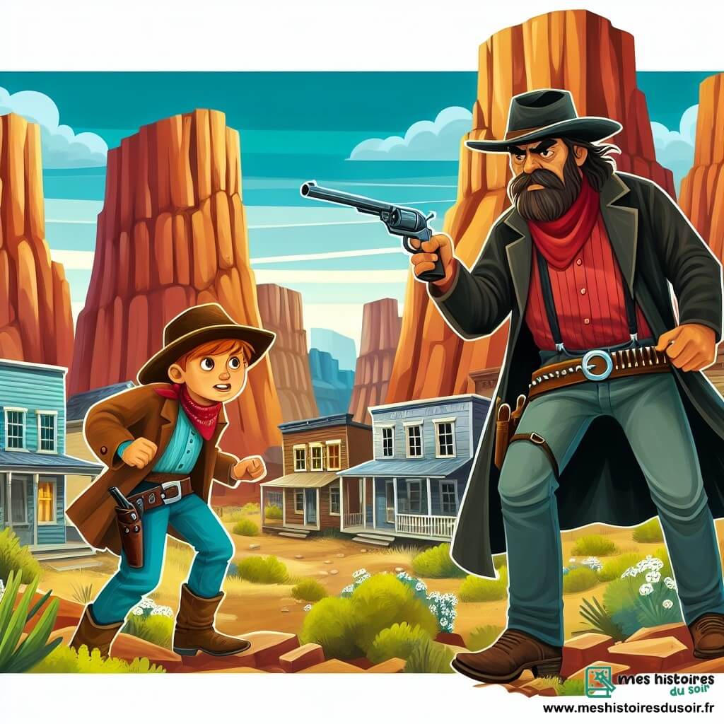 Une illustration destinée aux enfants représentant un jeune cow-boy courageux traquant un redoutable bandit avec l'aide du shérif, dans la ville de Silver Creek, entourée de canyons escarpés et de plaines sauvages.