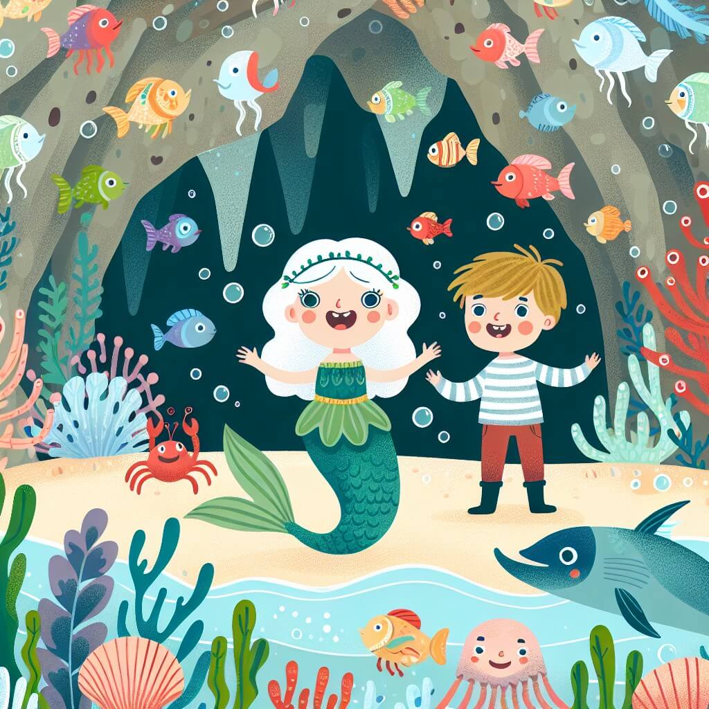 Une illustration destinée aux enfants représentant une sirène espiègle et joyeuse, accompagnée d'un petit garçon curieux, dans une grotte enchantée au fond de l'océan, entourée d'une multitude de créatures marines colorées et rigolotes.