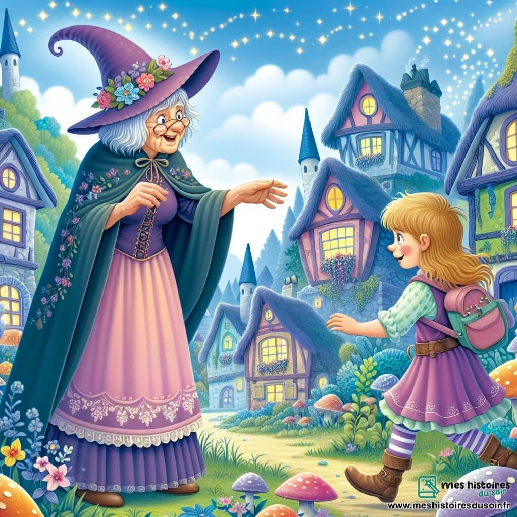 Une illustration destinée aux enfants représentant une petite fille apprentie sorcière vivant des aventures magiques et loufoques aux côtés d'une sorcière âgée aux cheveux violets, dans le village enchanteur de Féerilia, où les maisons ressemblent à des champignons colorés.