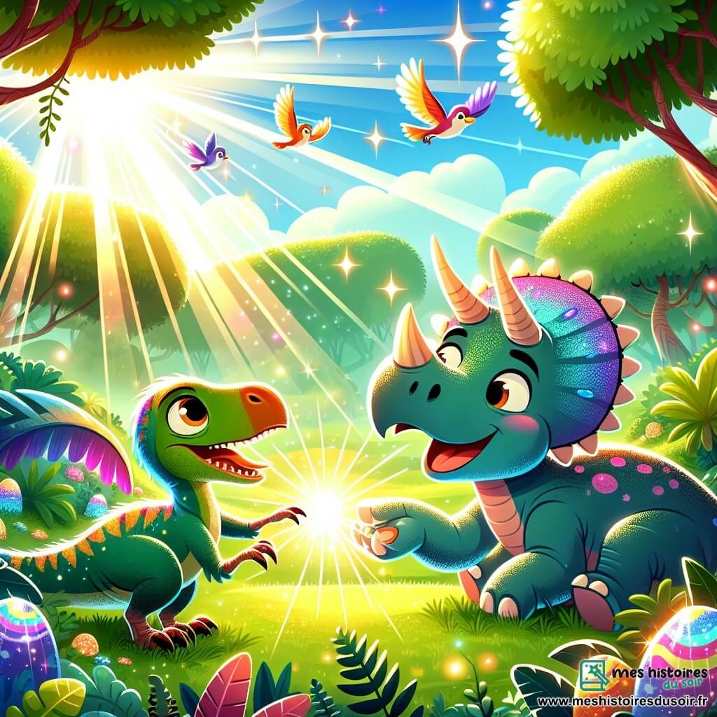 Une illustration sous forme de dessin destinée aux enfants représentant une vallée verdoyante baignée de lumière, avec un vélociraptor aux plumes colorées, curieux et émerveillé, touchant une pierre brillante qui émet des lumières multicolores, tandis qu'un tricératops aux trois cornes, joyeux et amical, observe la scène avec un grand sourire, tous deux entourés d'arbres majestueux et d'oiseaux chantants, capturant l'instant magique de leur découverte.