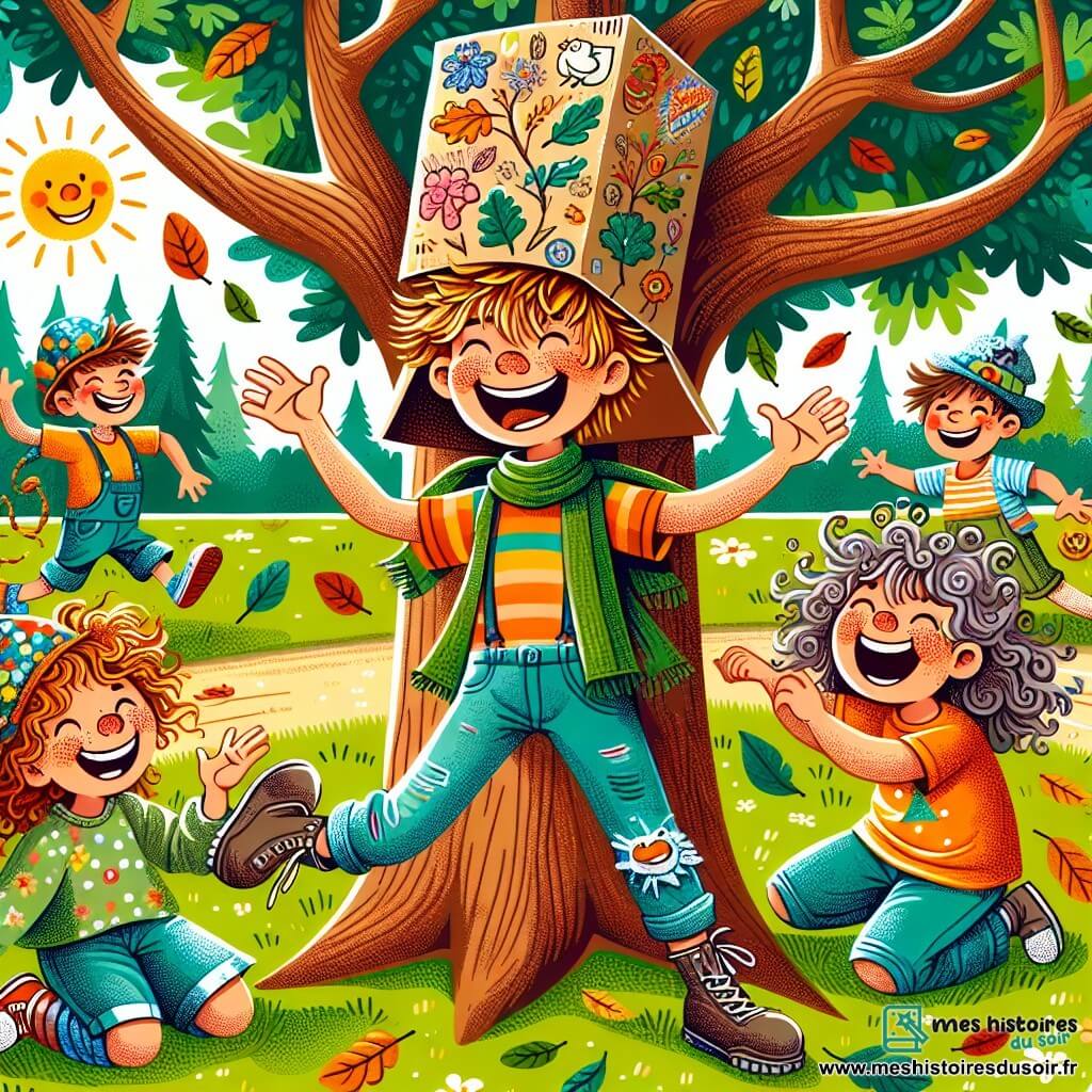 Une illustration sous forme de dessin destinée aux enfants représentant un parc ensoleillé avec un grand chêne au centre, où un garçon de 11 ans aux cheveux en désordre et au sourire éclatant se tient en train de faire un défilé de mode ridicule, vêtu d'un chapeau en carton décoré de dessins colorés, tandis qu'une fille aux cheveux bouclés et à l'écharpe flamboyante rit aux éclats à ses côtés, et un garçon maladroit, recouvert de feuilles, tente de garder son équilibre, tous entourés d'un groupe d'amis joyeux, partageant des rires et des moments de bonheur, illustrant l'esprit ludique et l'amitié qui les unit.