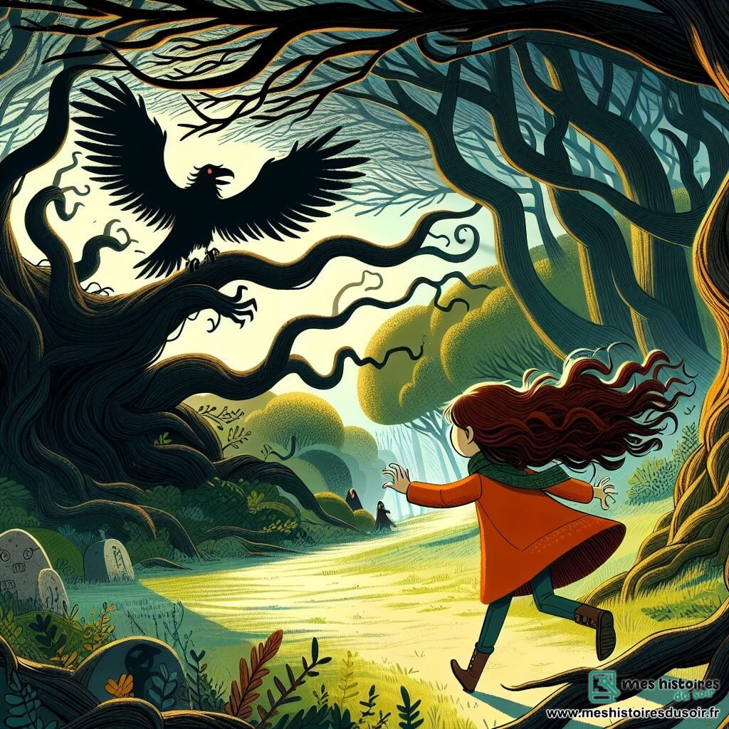 Une illustration sous forme de dessin destinée aux enfants représentant une forêt dense et mystérieuse, où la lumière du soleil peine à percer à travers les branches tortueuses, avec une petite fille de 7 ans aux cheveux châtains flottants, portant un manteau orange, qui avance courageusement vers un vieux chêne majestueux, tandis qu'une ombre sombre et menaçante, ressemblant à un corbeau géant avec des ailes déployées, se dresse devant elle, créant une atmosphère à la fois intrigante et légèrement effrayante, alors qu'elle se prépare à affronter le défi qui déterminera le sort de son village.