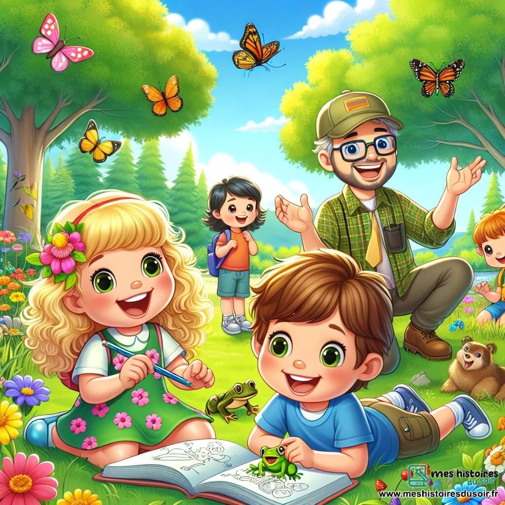 Illustration destinée aux enfants représentant un groupe d'enfants de cinq ans, joyeusement assis sur l'herbe verte d'une réserve naturelle ensoleillée, entourés de fleurs colorées et de grands arbres aux feuilles brillantes. Parmi eux, une petite fille aux cheveux bouclés et blonds, portant une robe à fleurs, dessine avec enthousiasme dans son carnet, tandis qu'un garçon aux cheveux bruns et courts, vêtu d'un t-shirt bleu, montre une grenouille sautillante à ses amis. En arrière-plan, un guide souriant, un homme d'âge moyen avec une casquette et une chemise à carreaux, explique l'importance de la protection de la nature, tandis que des papillons multicolores volent autour d'eux. L'atmosphère est joyeuse et pleine de curiosité, illustrant l'émerveillement des enfants face aux merveilles de la nature.
