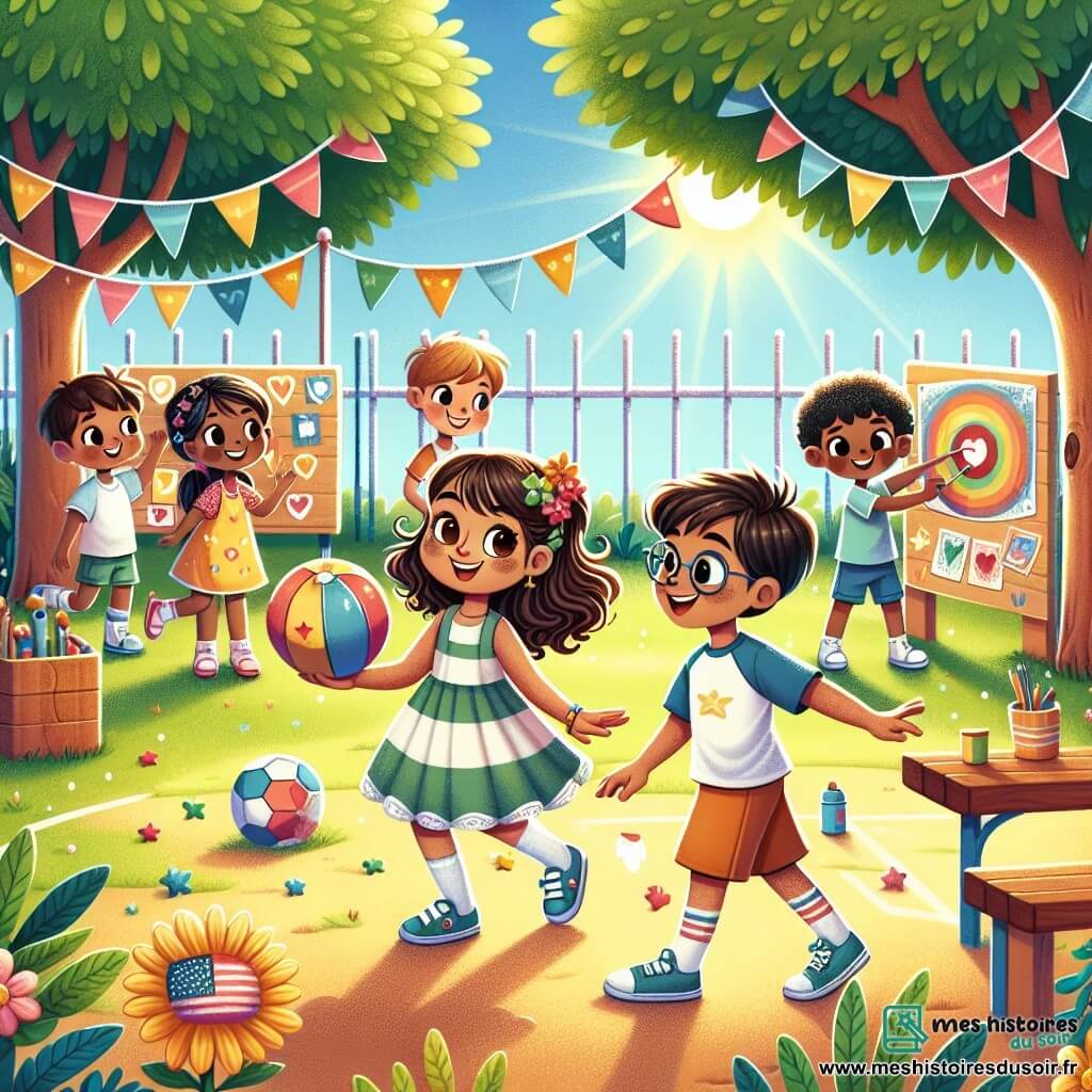 Illustration d'une cour d'école ensoleillée, entourée de grands arbres aux feuilles vertes, avec des bancs en bois et des enfants jouant joyeusement. Au centre, une fille de dix ans, cheveux châtains bouclés et yeux pétillants, sourit en tenant un ballon décoré d'étoiles et de cœurs. À côté d'elle, un garçon de dix ans, grand et athlétique, cheveux bruns courts, se prépare à lui passer le ballon, affichant un grand sourire. Un peu plus loin, une fille de neuf ans, portant des lunettes en forme de cœur et des cheveux en couettes, dessine des cibles colorées sur un tableau. La scène dégage une ambiance de camaraderie et de joie, avec des enfants de différents âges jouant ensemble, illustrant l'esprit d'inclusion et d'amitié. Des banderoles colorées flottent au vent, ajoutant une touche festive à cette belle journée.