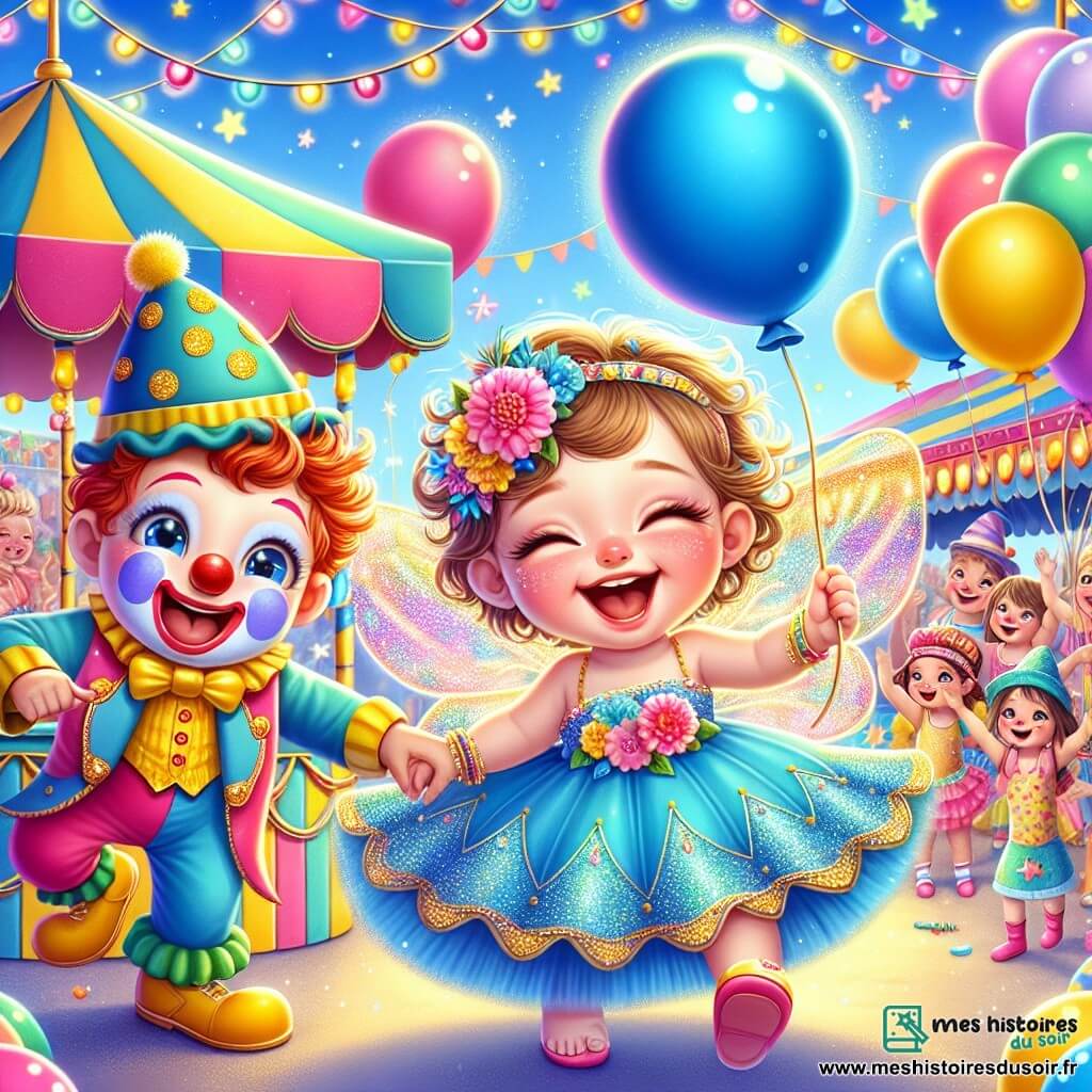 Illustration destinée aux enfants représentant une scène vibrante d'un carnaval en plein air, avec des stands colorés décorés de guirlandes lumineuses, des ballons flottants dans le ciel bleu et des gens en costumes éclatants dansant joyeusement. Au centre, une petite fille de 1 an, avec des cheveux bouclés et des joues roses, tient un ballon bleu dans une main et rit aux éclats, ses yeux pétillants de bonheur. À ses côtés, un clown joyeux avec un nez rouge et un grand sourire, portant un costume multicolore, lui tend un autre ballon, tandis qu'une fée scintillante, vêtue d'une robe brillante et parsemée de paillettes dorées, saupoudre des paillettes autour d'elle. L'atmosphère est remplie de rires, de musique et de magie, créant un moment de pur émerveillement et de joie.