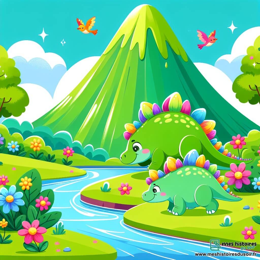 Une illustration sous forme de dessin destinée aux enfants représentant un paysage vibrant de la grande montagne verte, avec un stégosaure aux plaques brillantes sur le dos, marchant joyeusement le long d'un ruisseau scintillant, entouré de fleurs colorées qui dansent au rythme du vent et de petits oiseaux aux plumes éclatantes chantant dans les arbres, alors que le stégosaure découvre un endroit magnifique au sommet de la montagne, illustrant son aventure courageuse à la recherche d'un lieu spécial.
