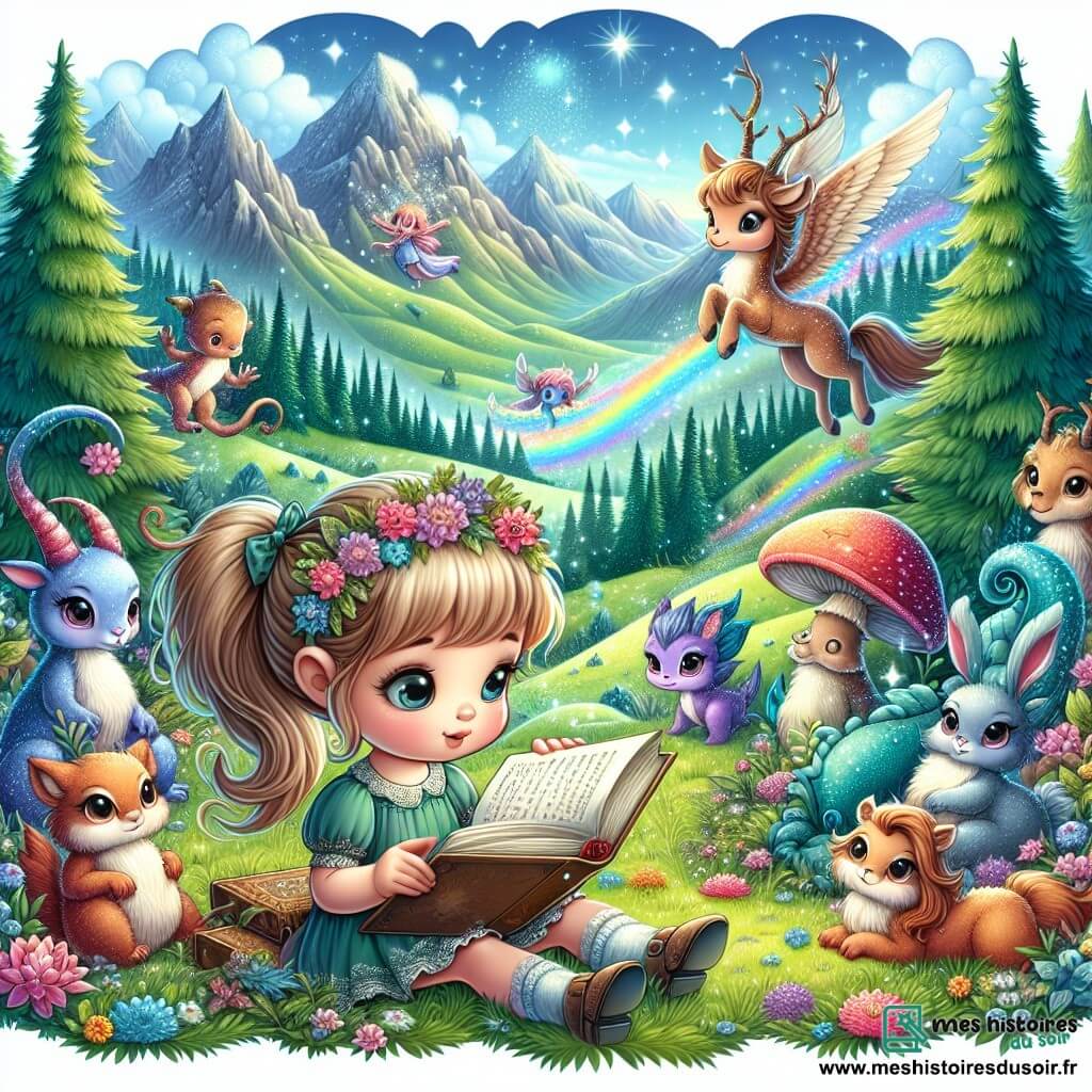 Une illustration destinée aux enfants représentant une petite fille curieuse, plongée dans un livre magique, accompagnée de créatures fantastiques, dans un monde enchanteur rempli de prairies verdoyantes, d'arbres majestueux et de montagnes majestueuses.