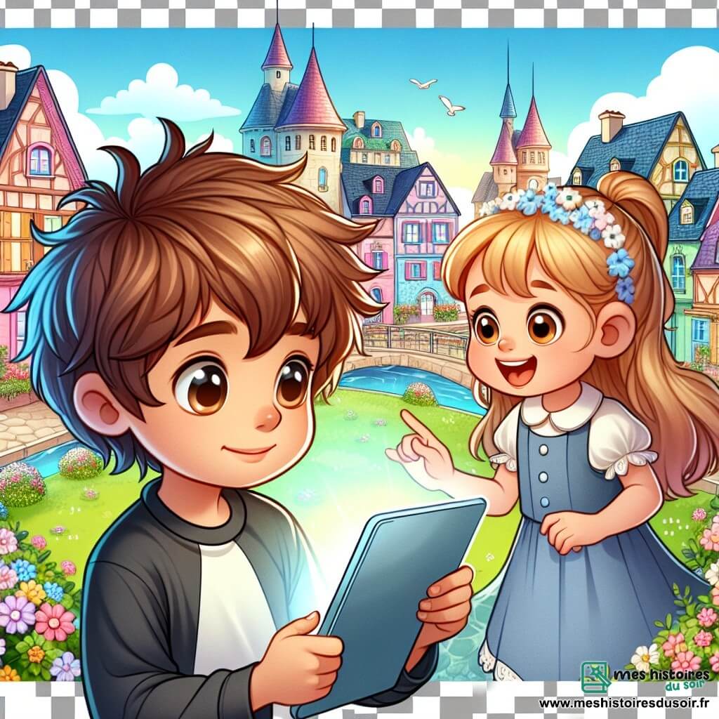 Une illustration destinée aux enfants représentant un petit garçon aux cheveux bruns ébouriffés, absorbé par une tablette lumineuse, avec son amie, une fille aux cheveux blonds en queue de cheval, l'invitant à jouer dehors, dans la charmante ville de Chantefleur, aux maisons colorées et aux jardins fleuris.