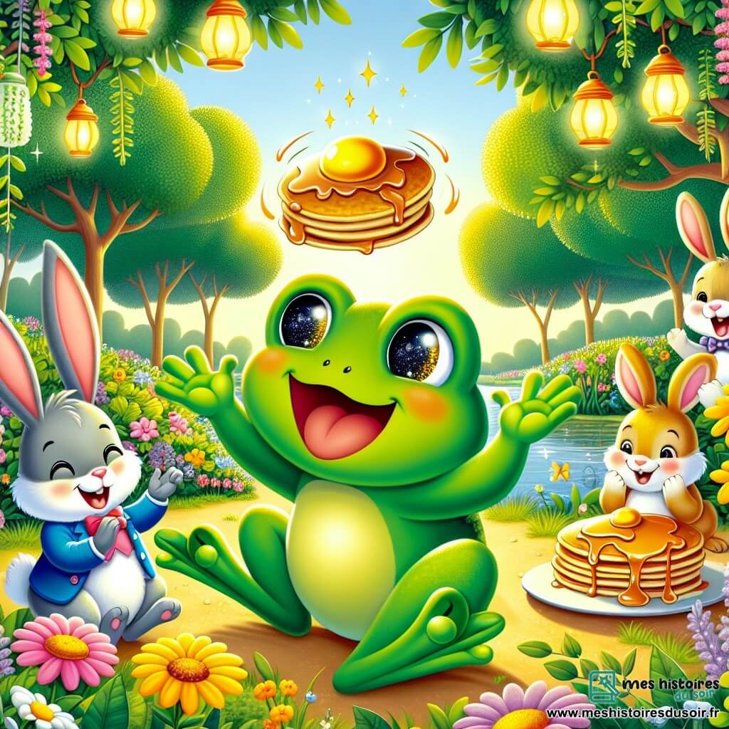 Une illustration sous forme de dessin destinée aux enfants représentant une clairière ensoleillée, remplie de fleurs colorées et de lampions scintillants, où une grenouille verte aux yeux pétillants saute joyeusement en lançant une crêpe dans les airs, entourée de lapins aux grandes oreilles et de canards aux plumes brillantes qui applaudissent et rient, célébrant une fête animée avec des crêpes dansantes et des rires éclatants, capturant l'esprit d'aventure et de camaraderie de cette joyeuse réunion d'animaux.
