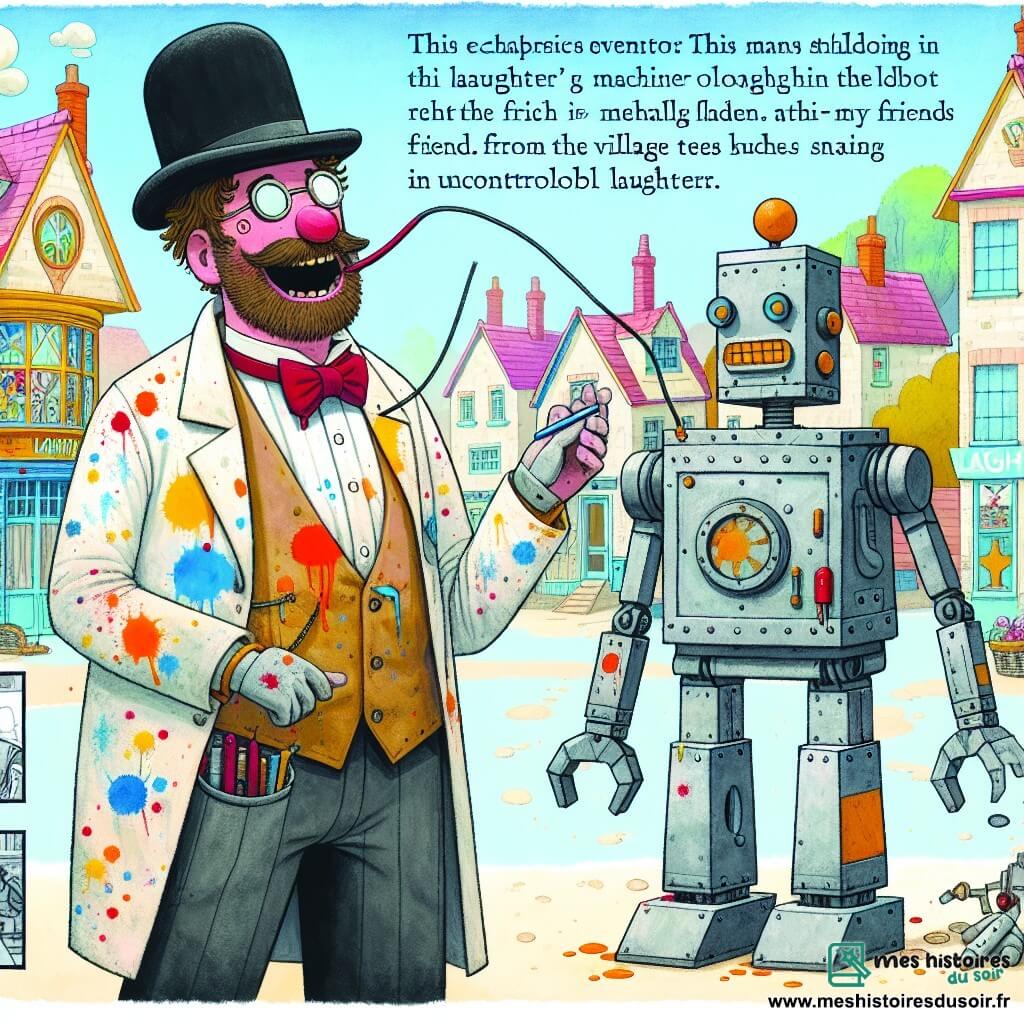 Une illustration destinée aux enfants représentant un inventeur farfelu, toujours vêtu de sa blouse tachée de peinture et coiffé d'un chapeau melon, en train de présenter sa machine à rire à ses amis du village, accompagné de son fidèle robot aux formes anguleuses, dans un petit village paisible aux maisons colorées et aux arbres secoués par un fou rire incontrôlable.