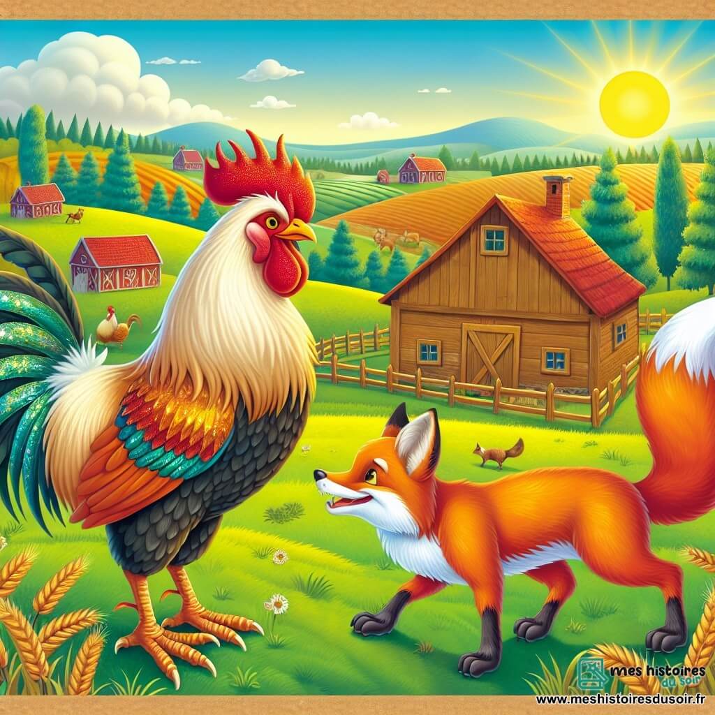 Une illustration destinée aux enfants représentant un fier coq aux plumes chatoyantes, faisant face à un renard rusé, dans une ferme pittoresque entourée de vastes champs verdoyants et d'un magnifique paysage campagnard.
