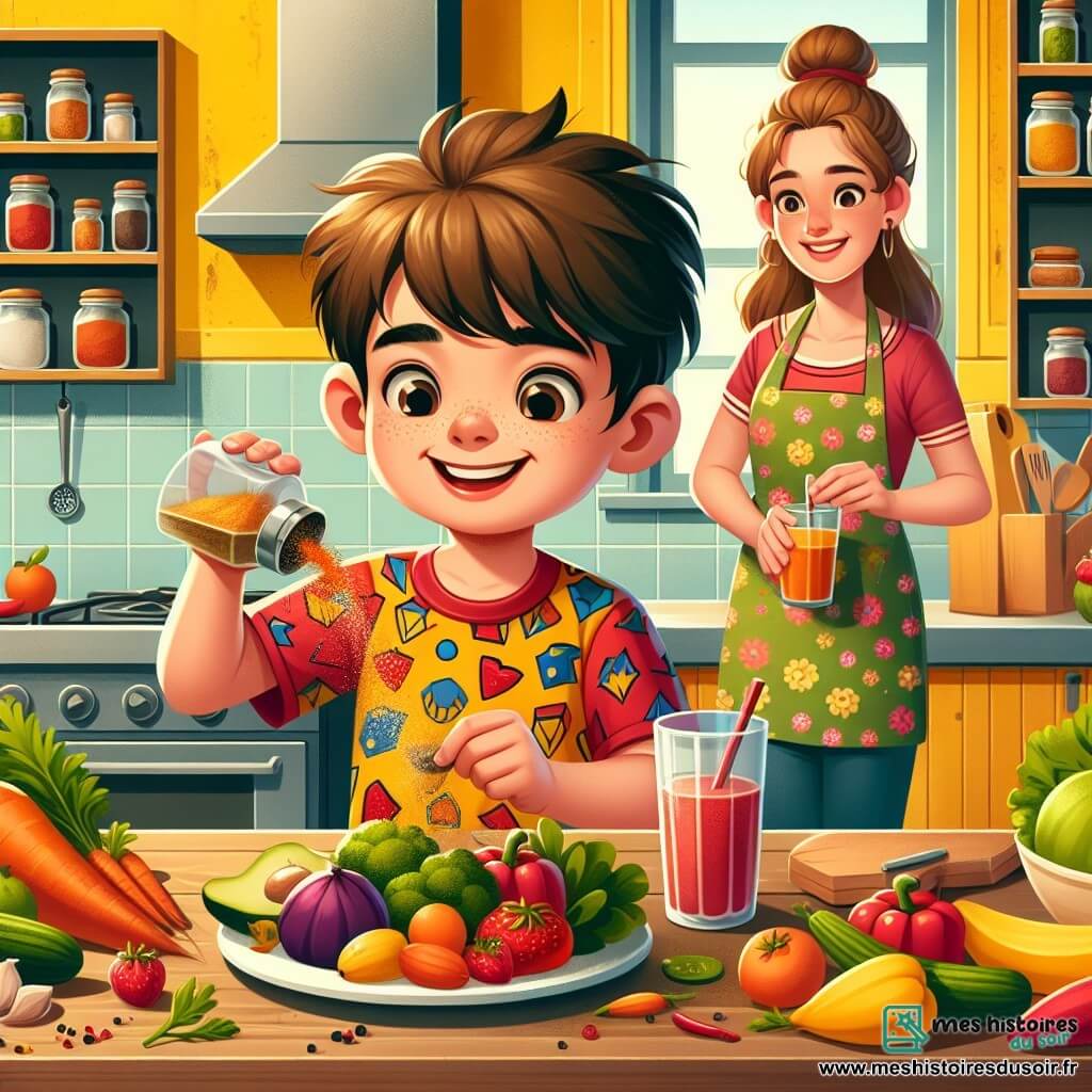 Illustration d'une cuisine lumineuse et colorée avec des murs jaunes et des étagères pleines de pots d'épices et de fruits frais. Au centre, un garçon de 7 ans, aux cheveux châtains en bataille et portant un t-shirt rouge avec un super-héros, saupoudre des épices sur une assiette de légumes et de fruits, souriant fièrement. À côté, sa mère, une femme d'environ 35 ans avec un chignon et un tablier à fleurs, l'observe admirativement, une spatule à la main et un verre de smoothie dans l'autre, prête à goûter son plat. Le garçon est en pleine action, transformant les légumes en un plat appétissant, tandis que sa mère l'encourage, ajoutant des couleurs vives à la scène.