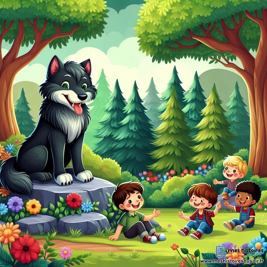 Une illustration sous forme de dessin destinée aux enfants représentant une forêt enchantée, avec des arbres majestueux aux feuilles vertes vibrantes et des fleurs colorées, où un groupe de quatre enfants de cinq ans, deux garçons aux cheveux bruns et blonds, et deux filles aux cheveux châtains et blonds, jouent joyeusement autour d'un grand loup au pelage noir, assis sur un rocher, affichant un sourire amical, tandis qu'ils rient et s'amusent ensemble, illustrant ainsi l'idée que l'amitié peut surmonter la peur.