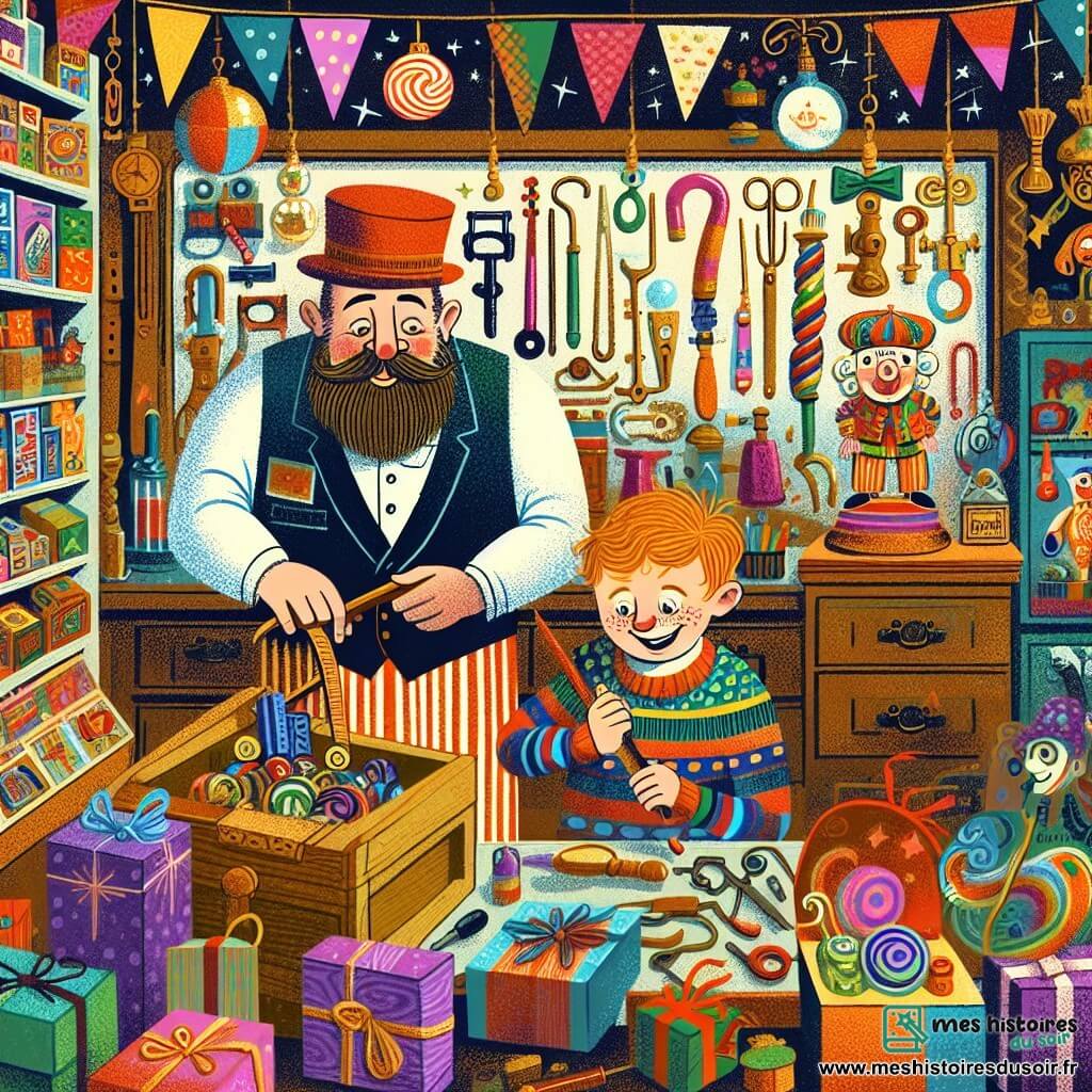 Une illustration destinée aux enfants représentant un jeune garçon préparant un cadeau farfelu pour son père, avec l'aide d'un vendeur excentrique, dans un magasin de farces et attrapes coloré et rempli de gadgets loufoques.