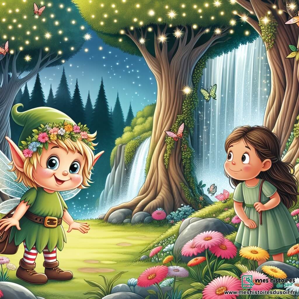 Une illustration destinée aux enfants représentant un lutin espiègle aux yeux pétillants rencontrant une jeune fille curieuse dans une clairière enchantée, entourée d'arbres majestueux, de fleurs colorées et d'une cascade scintillante.