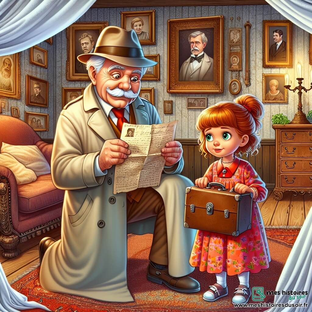 Une illustration sous forme de dessin destinée aux enfants représentant l'intérieur d'une vieille maison poussiéreuse, avec des murs ornés de portraits anciens et un grand tapis usé au centre, où un homme âgé au regard malicieux, portant un chapeau de détective et une moustache soignée, examine attentivement une vieille lettre, tandis qu'une jeune fille aux cheveux châtains et aux yeux brillants, vêtue d'une robe colorée, l'observe avec curiosité, entourés de vieux meubles couverts de draps blancs et d'une atmosphère mystérieuse, illustrant leur quête pour résoudre un mystère familial.