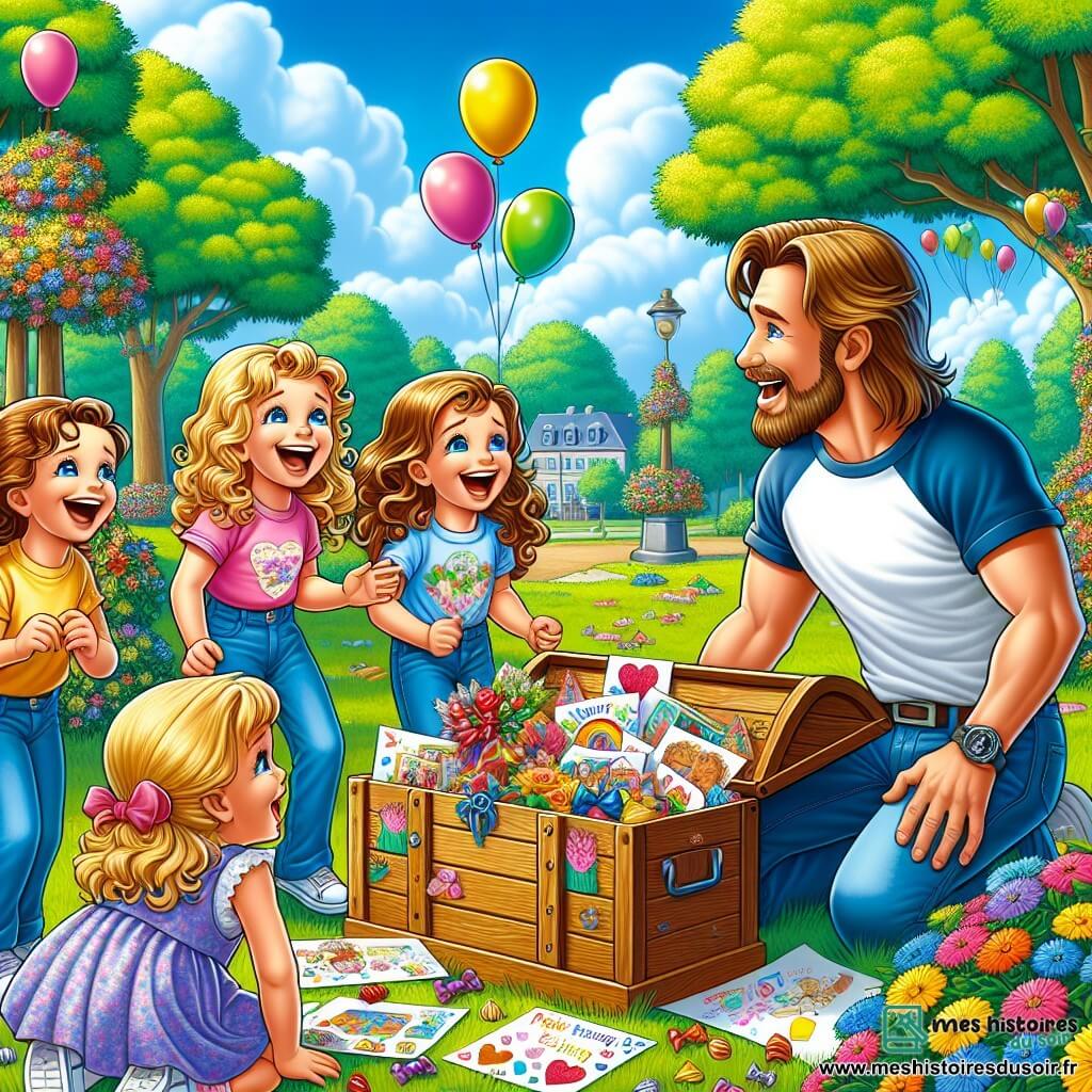 Illustration destinée aux enfants représentant un parc ensoleillé à Fleurville, avec de grands arbres aux feuilles vertes éclatantes et des fleurs colorées éparpillées sur l'herbe. Au centre de l'image, un groupe de cinq enfants de cinq ans, trois filles aux cheveux bouclés et blonds, une fille aux cheveux bruns et lisses, et une fille en fauteuil roulant scintillant, sont en train de préparer un coffre en bois rempli de lettres, de dessins colorés, de bonbons et de fleurs pour la fête des pères. Les enfants rient joyeusement, tandis qu'un papa aux cheveux bruns et à la barbe douce, vêtu d'un t-shirt décontracté, s'approche avec un sourire émerveillé, prêt à découvrir la surprise que ses enfants lui ont préparée. Des ballons colorés flottent dans le ciel bleu, ajoutant une touche festive à la scène.