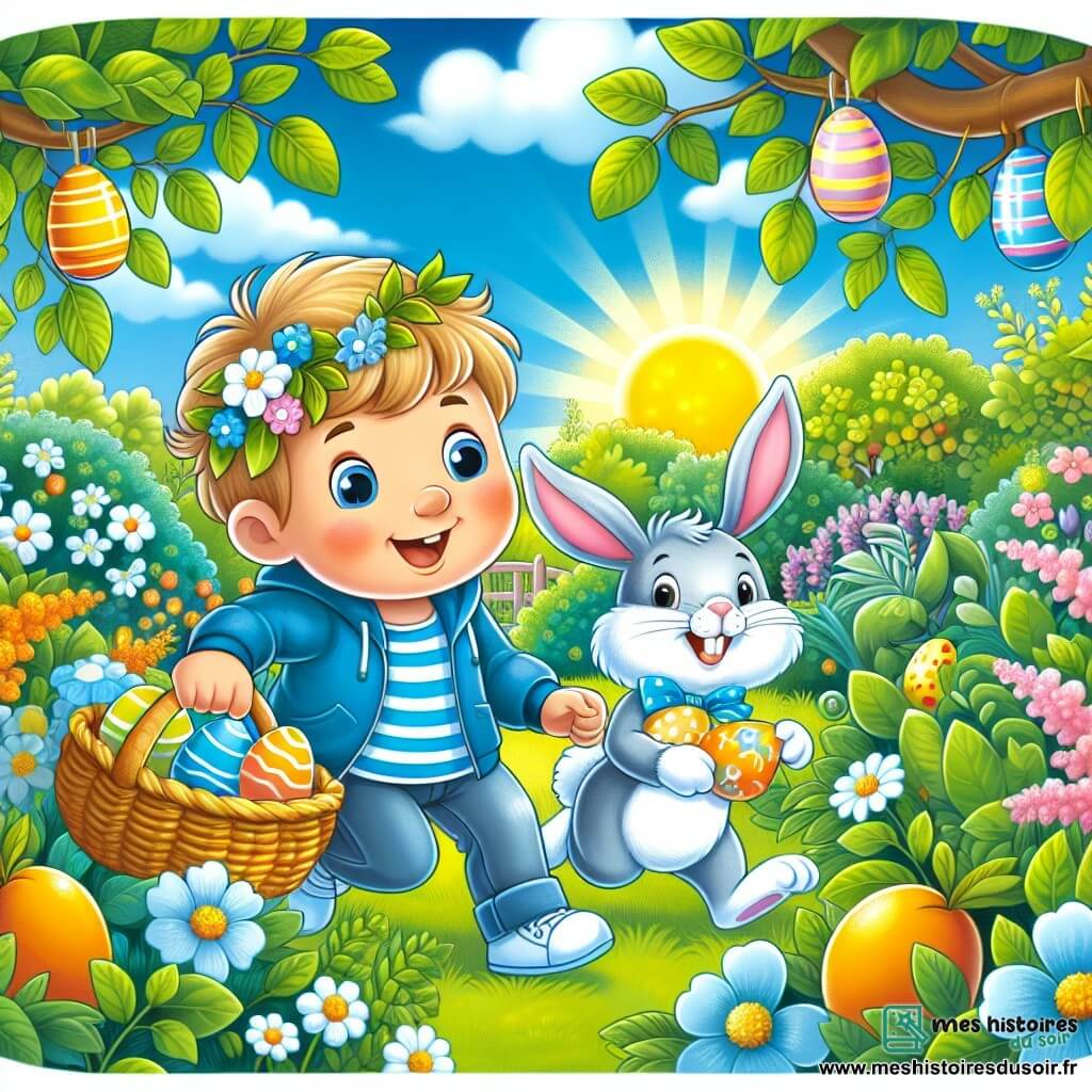 Une illustration destinée aux enfants représentant un garçon énergique et curieux vivant une chasse aux œufs de Pâques magique avec un Lapin de Pâques en costume bleu et blanc, dans un jardin ensoleillé rempli d'arbres fruitiers et de buissons fleuris.