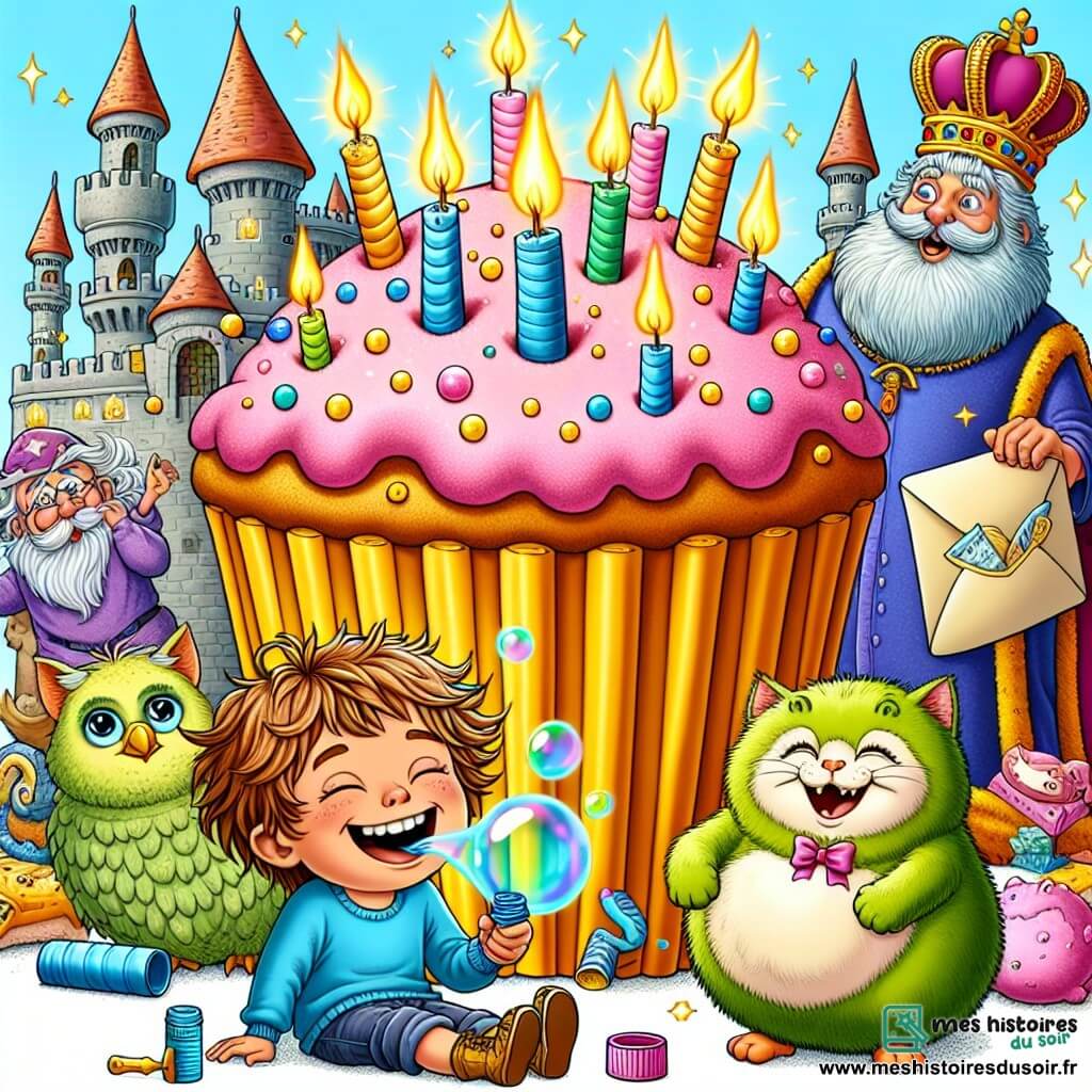 Une illustration sous forme de dessin destinée aux enfants représentant un château en forme de cupcake géant avec des bougies scintillantes, où un garçon de 7 ans aux cheveux ébouriffés et aux yeux pétillants se tient au centre, riant joyeusement tout en lançant des bulles de savon géantes, tandis qu'un chat poilu à la fourrure verte, nommé Pistache, se frotte contre ses jambes, et en arrière-plan, un hibou dodu avec une lettre scellée et un roi à la barbe multicolore observe la scène avec un sourire amusé, capturant l'instant où le garçon utilise son humour pour vaincre le farceur malicieux du royaume.
