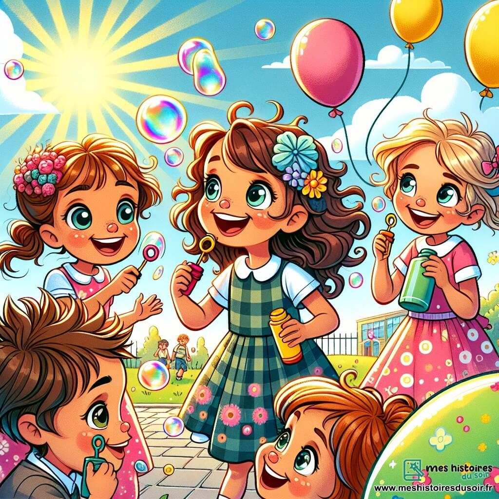 Une illustration sous forme de dessin destinée aux enfants représentant une cour d'école ensoleillée, avec un groupe de quatre filles de 7 ans aux cheveux bouclés, lisses et châtains, habillées de robes colorées, en train de faire des bulles de savon, tandis qu'un garçon de 7 ans, aux cheveux bruns et aux yeux brillants, les observe avec un sourire timide, entouré de ballons et de rires d'autres enfants jouant en arrière-plan, capturant l'esprit de camaraderie et d'amitié qui se développe lors de la rentrée scolaire.