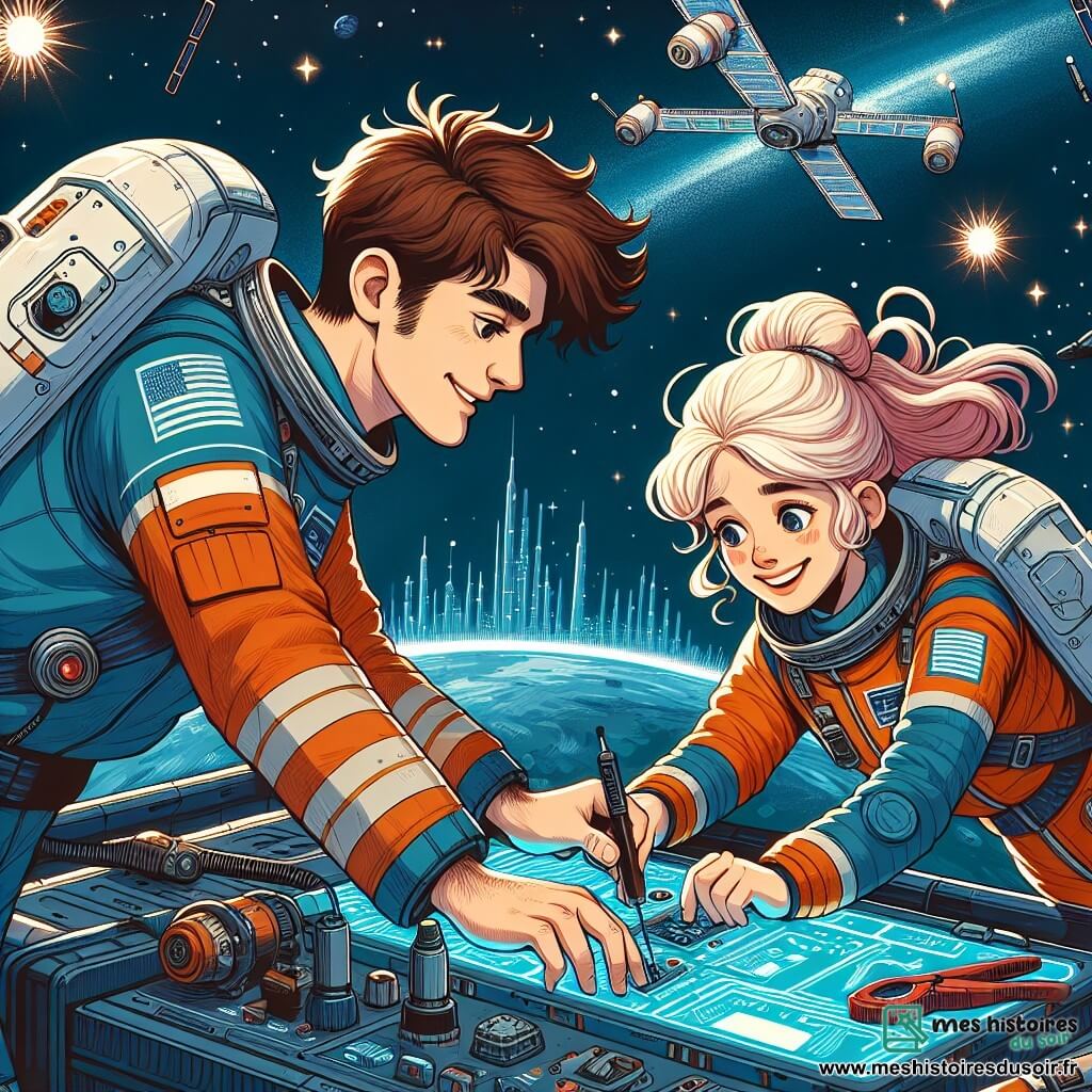 Une illustration sous forme de dessin destinée aux enfants représentant une station spatiale futuriste flottant dans l'immensité de l'espace, avec des étoiles scintillantes en arrière-plan, où un homme grand aux cheveux châtains en bataille, vêtu d'une combinaison spatiale bleue, s'affaire à réparer un panneau de contrôle, tandis qu'une jeune femme dynamique aux cheveux blonds, souriante et vêtue d'une combinaison orange, l'assiste en tenant des outils, le tout illustrant le moment crucial où ils tentent de résoudre une défaillance technique pour assurer la survie de leur mission de colonisation sur la planète Vespera.