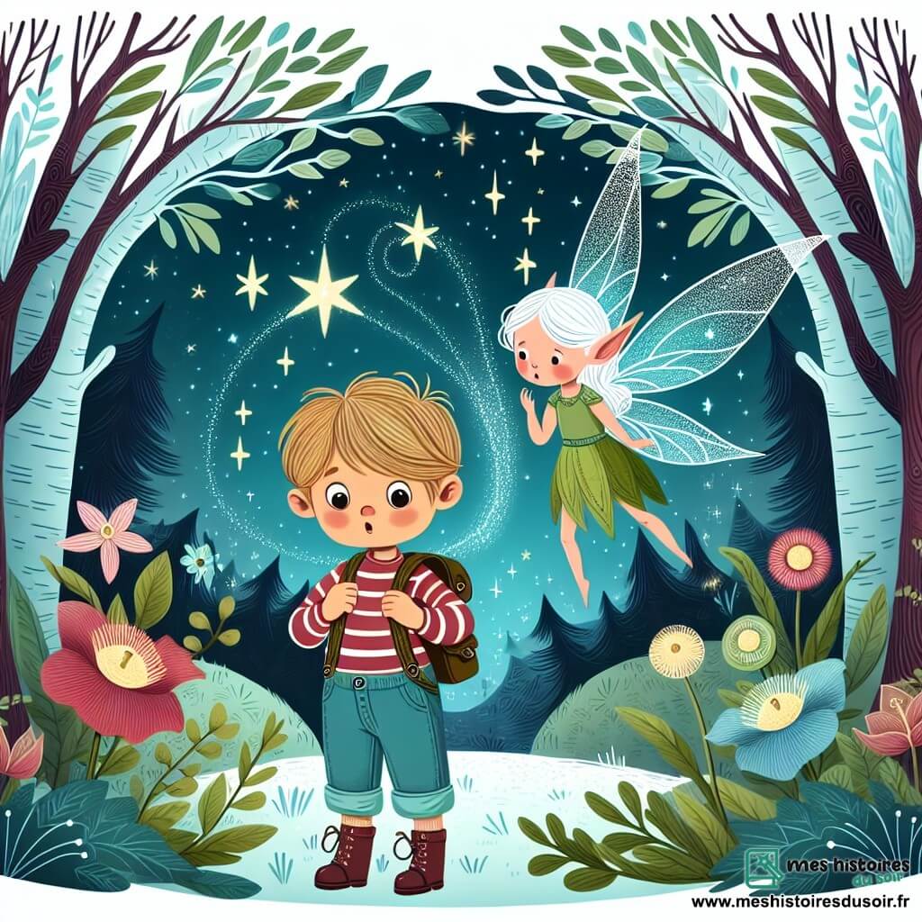 Une illustration destinée aux enfants représentant un garçon curieux se retrouvant dans une forêt enchantée, accompagné d'une fée aux ailes scintillantes, entourés de fleurs qui murmurent des secrets et d'arbres dansants sous un ciel étoilé.