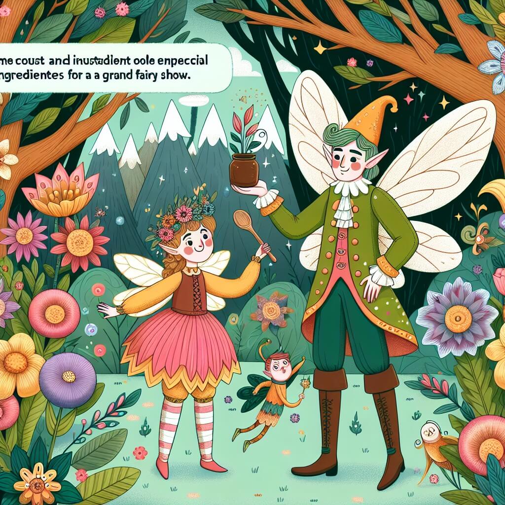 Une illustration destinée aux enfants représentant une fée espiègle et curieuse qui rencontre une fée farfelue dans une forêt enchantée remplie de fleurs multicolores et d'arbres géants, lors d'une quête magique à la recherche d'ingrédients spéciaux pour un grand spectacle des fées.