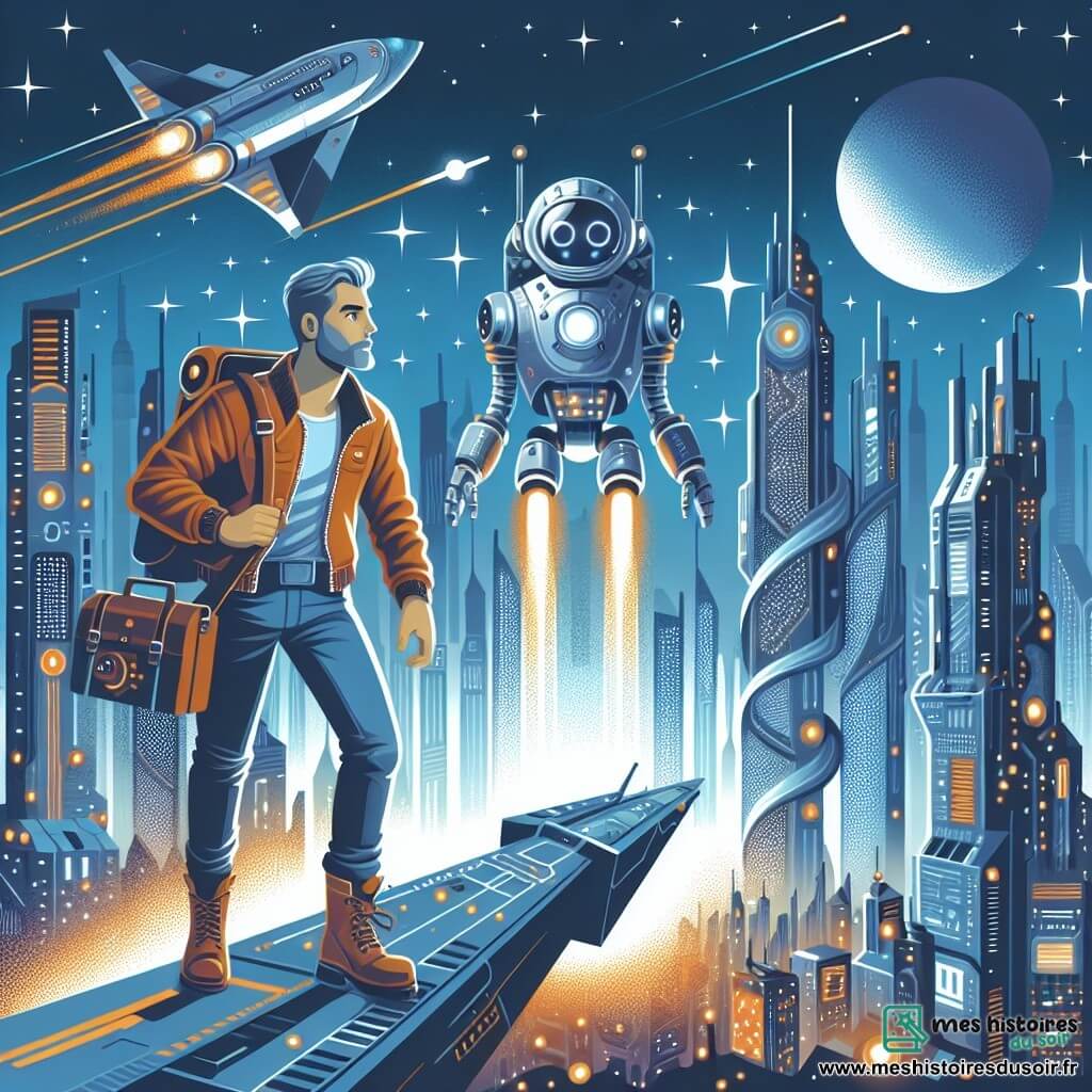 Une illustration destinée aux enfants représentant un homme intrépide, explorant un vaisseau spatial futuriste aux côtés d'un robot compagnon, survolant une ville ultramoderne avec des gratte-ciel étincelants et des lumières éclatantes.