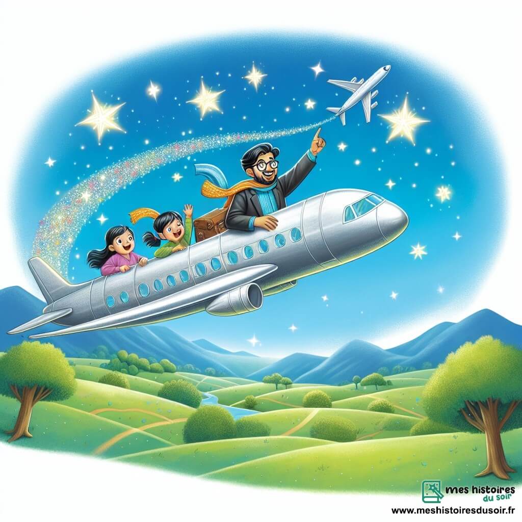Une illustration destinée aux enfants représentant un homme passionné par les avions vivant une aventure magique avec des enfants à bord d'un avion argenté, survolant des collines verdoyantes et un ciel bleu parsemé d'étoiles scintillantes.