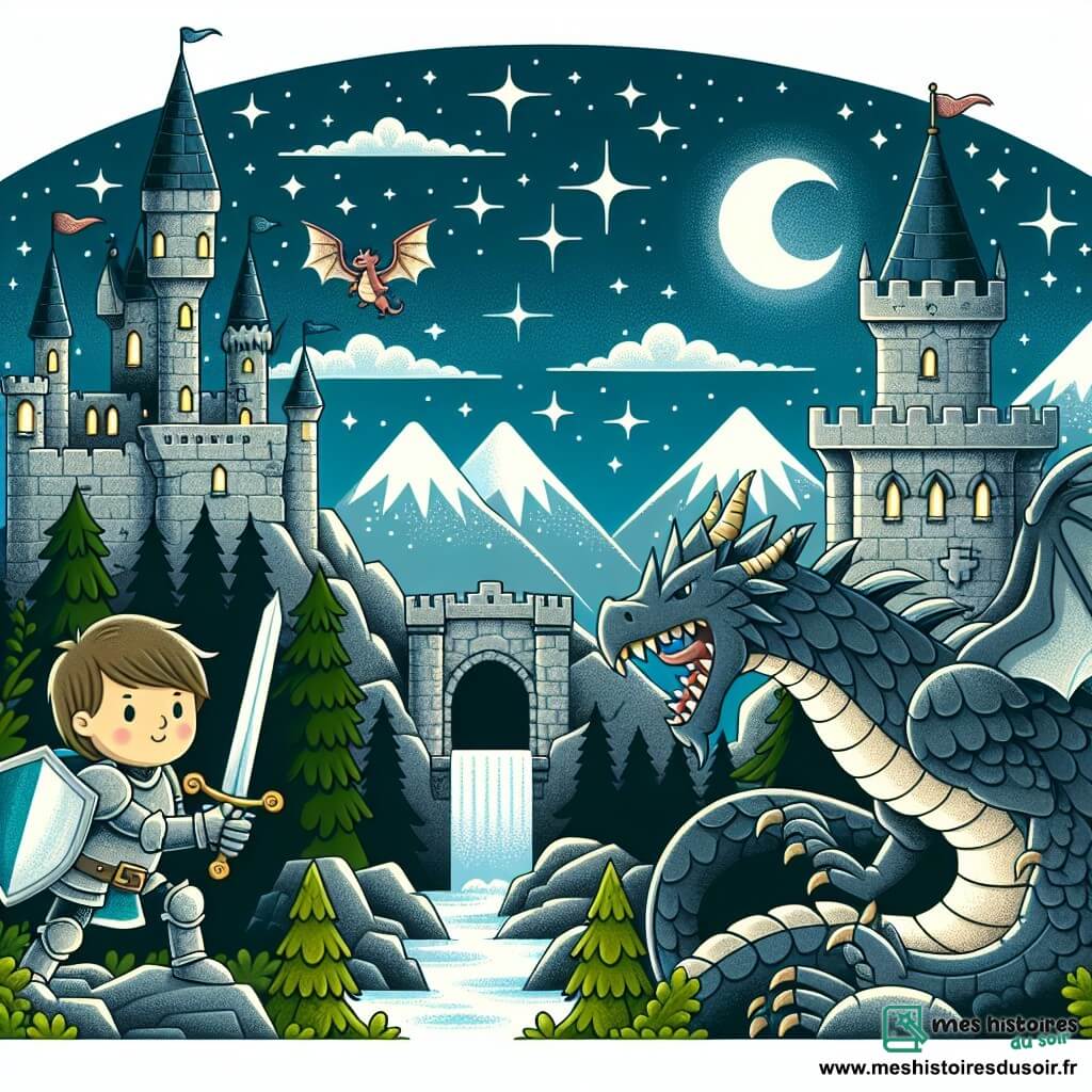 Une illustration destinée aux enfants représentant un chevalier courageux affrontant un dragon redoutable dans un château majestueux aux tours pointues et aux remparts de pierre, sous un ciel étoilé scintillant.