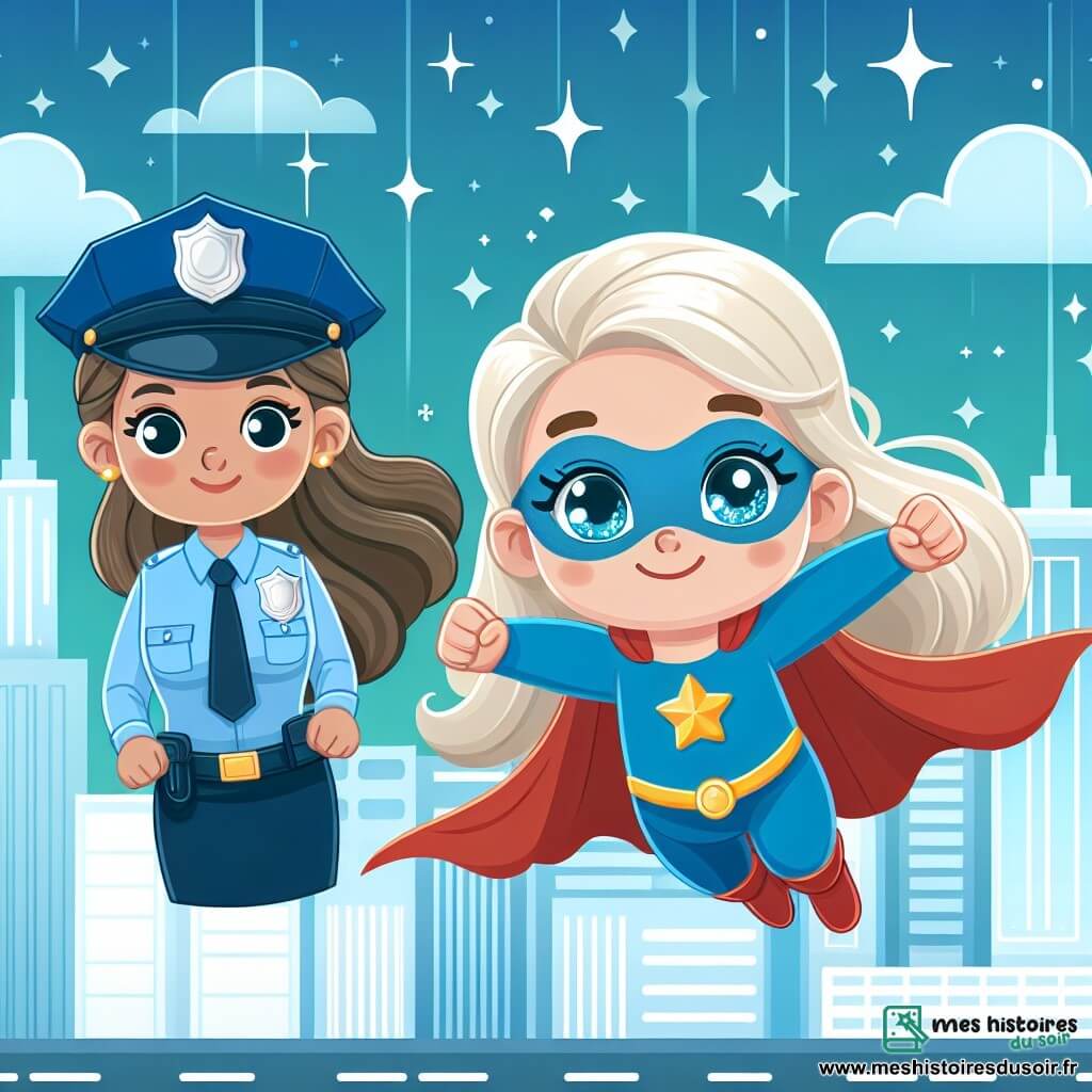 Une illustration destinée aux enfants représentant une super-héroïne aux cheveux blonds et aux yeux étincelants, volant dans les airs au-dessus d'une ville lumineuse et futuriste, accompagnée d'une courageuse policière en uniforme bleu, dans la ville de Brillonia.