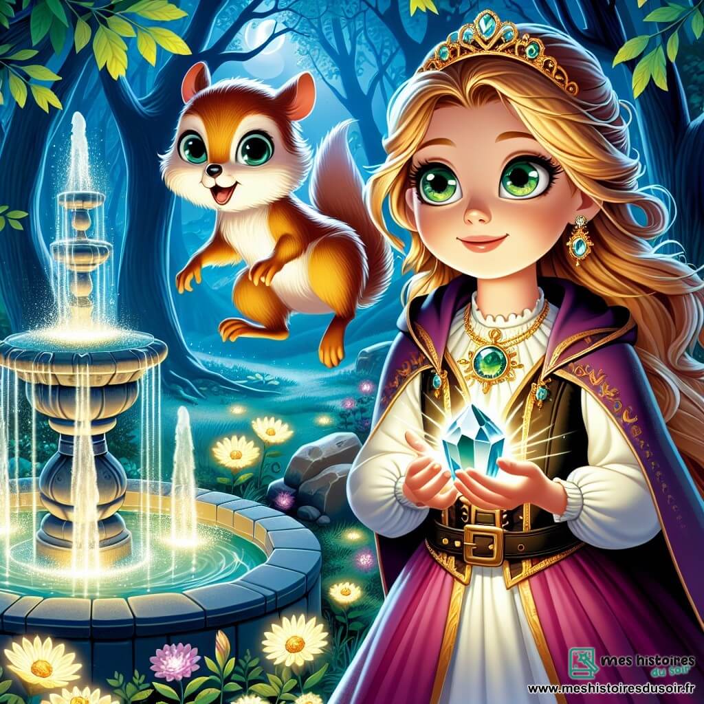 Une illustration sous forme de dessin destinée aux enfants représentant une clairière enchantée baignée par la douce lumière de la lune, où une jeune femme aux cheveux d'or et aux yeux verts pétillants se tient courageusement devant une fontaine ancienne, tenant un cristal brillant dans ses mains, tandis qu'un petit écureuil aux yeux malicieux, son compagnon, saute joyeusement autour d'elle, tous deux prêts à affronter les épreuves pour restaurer la lumière de leur royaume magique, entourés de fleurs luminescentes et d'ombres mystérieuses dans la forêt.