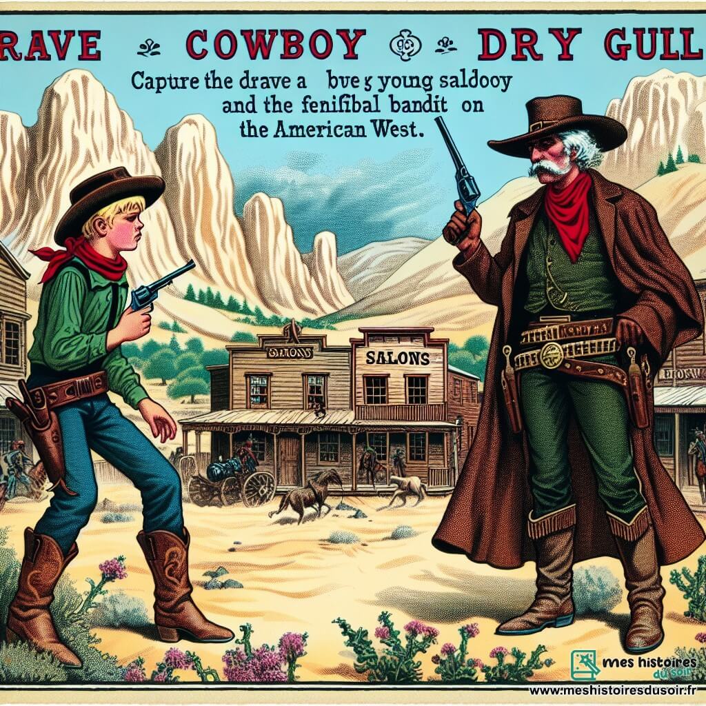 Une illustration destinée aux enfants représentant un jeune cow-boy courageux, un bandit redoutable, et la ville de Dry Gulch, avec ses saloons poussiéreux et ses collines escarpées de l'Ouest américain.