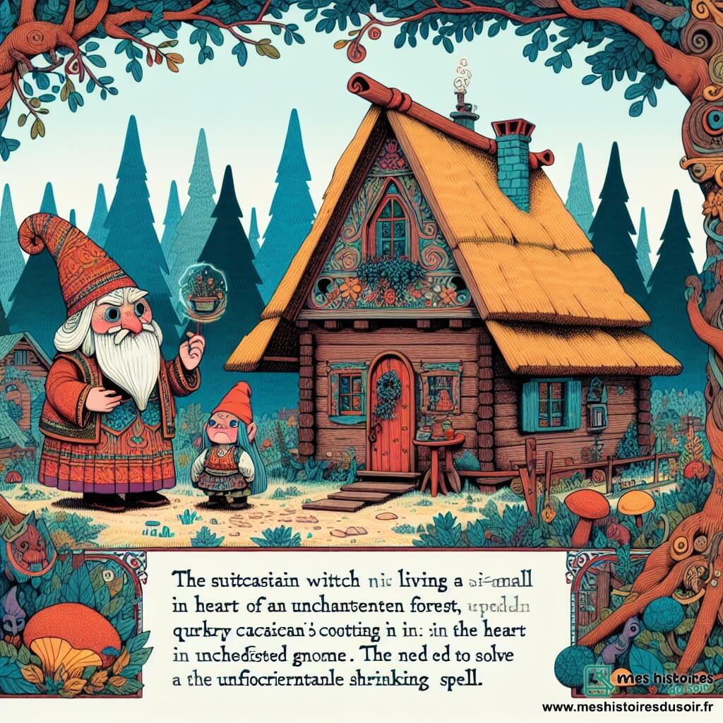 Une illustration destinée aux enfants représentant une sorcière farfelue vivant dans une petite maisonnette en bois au cœur d'une forêt enchantée, accompagnée d'un lutin farceur, dans une situation où elle doit résoudre un sortilège malencontreux de rétrécissement.