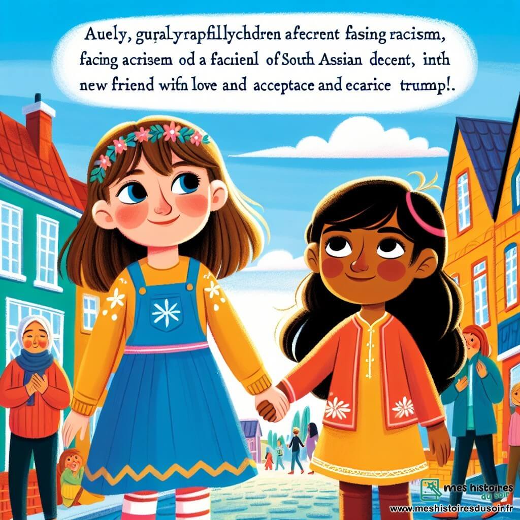 Une illustration destinée aux enfants représentant une jeune fille rayonnante, confrontée au racisme, accompagnée d'un nouvel ami, dans une petite ville colorée où l'amour et l'acceptation triomphent.