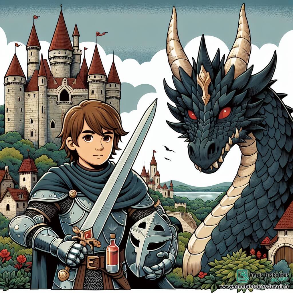 Une illustration sous forme de dessin destinée aux enfants représentant un majestueux château en pierre surplombant un village verdoyant, avec un chevalier courageux aux cheveux bruns et à l'armure scintillante, tenant une épée dans une main et un élixir dans l'autre, tandis qu'un dragon aux écailles noires et aux yeux rouges, blessé mais apaisé, se tient à ses côtés, le tout dans une atmosphère de camaraderie et de compréhension, symbolisant l'union inattendue entre le chevalier et le dragon pour sauver le royaume.