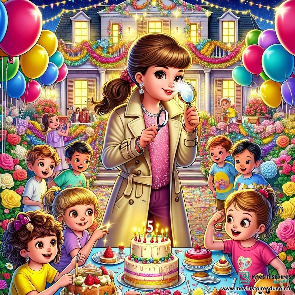 Illustration d'une grande maison de fête décorée de ballons colorés et de guirlandes scintillantes, entourée d'un jardin fleuri de roses et de marguerites. Au centre, une femme détective en chapeau noir et trench-coat beige examine le sol avec une loupe, ses yeux pétillants de curiosité. Elle a des cheveux châtains en queue de cheval. À ses côtés, des enfants âgés de 8 à 10 ans, aux cheveux bouclés et lisses, en t-shirts colorés, l'observent avec fascination, certains prenant des notes. La femme se penche vers une table de gâteaux tandis qu'un chat joueur s'approche, attiré par un éclat de lumière d'un collier. L'atmosphère est joyeuse et animée, pleine de rires et de couleurs vives, capturant l'esprit d'une fête d'anniversaire.